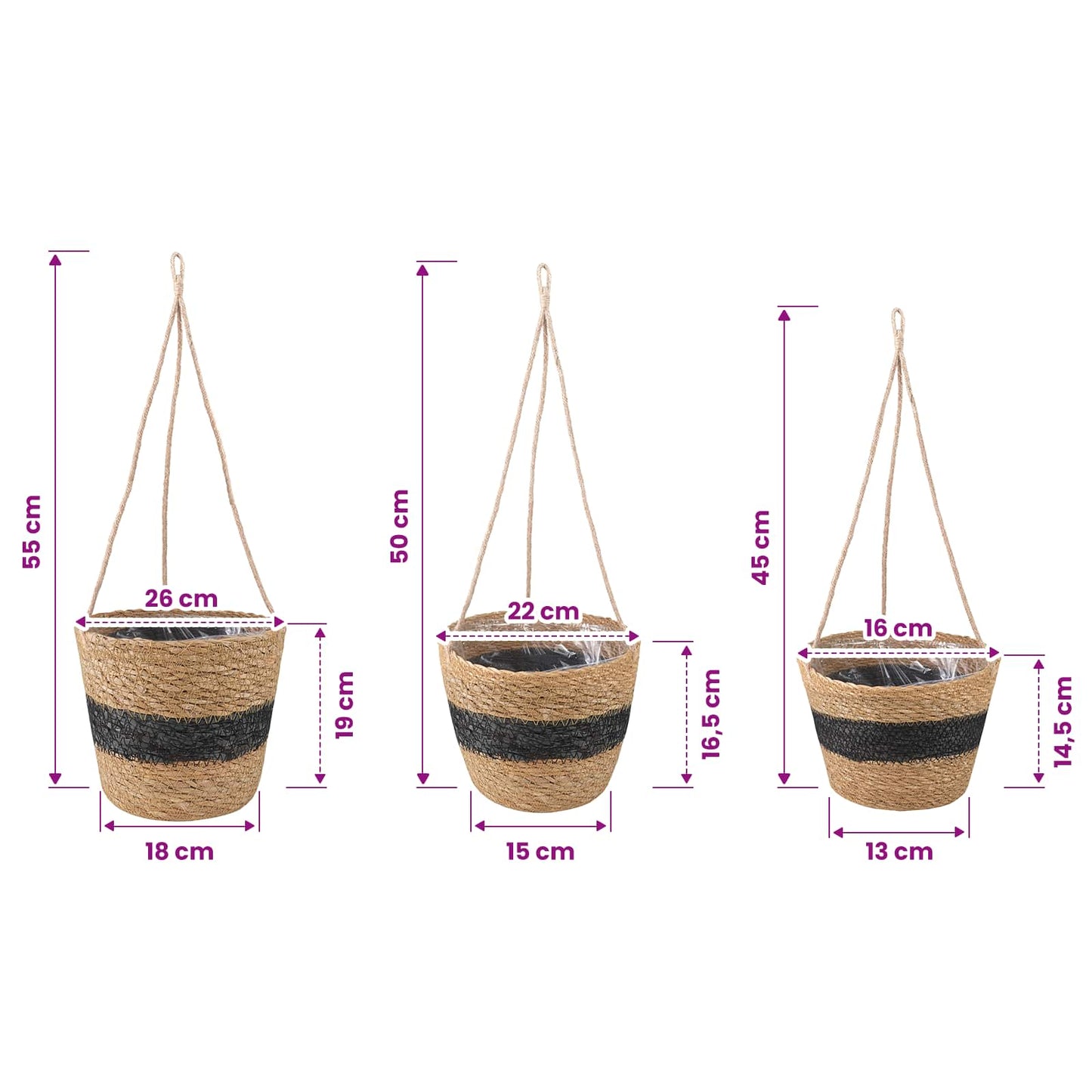 Seagrass Plant Baskets 3 pcs Natural and Black Ø26 x 19 cm