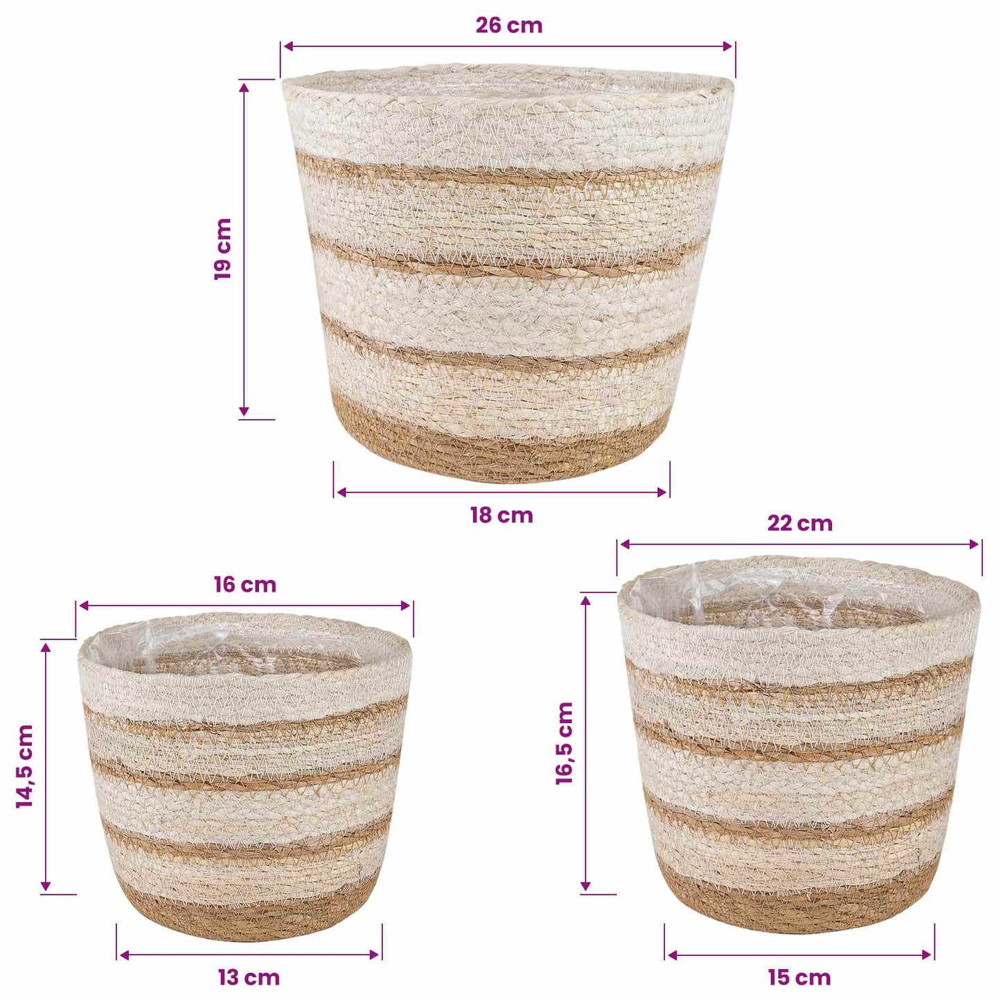 3 pcs Natural ,White and Beige Ø26 x 19 cm 100% Seagrass