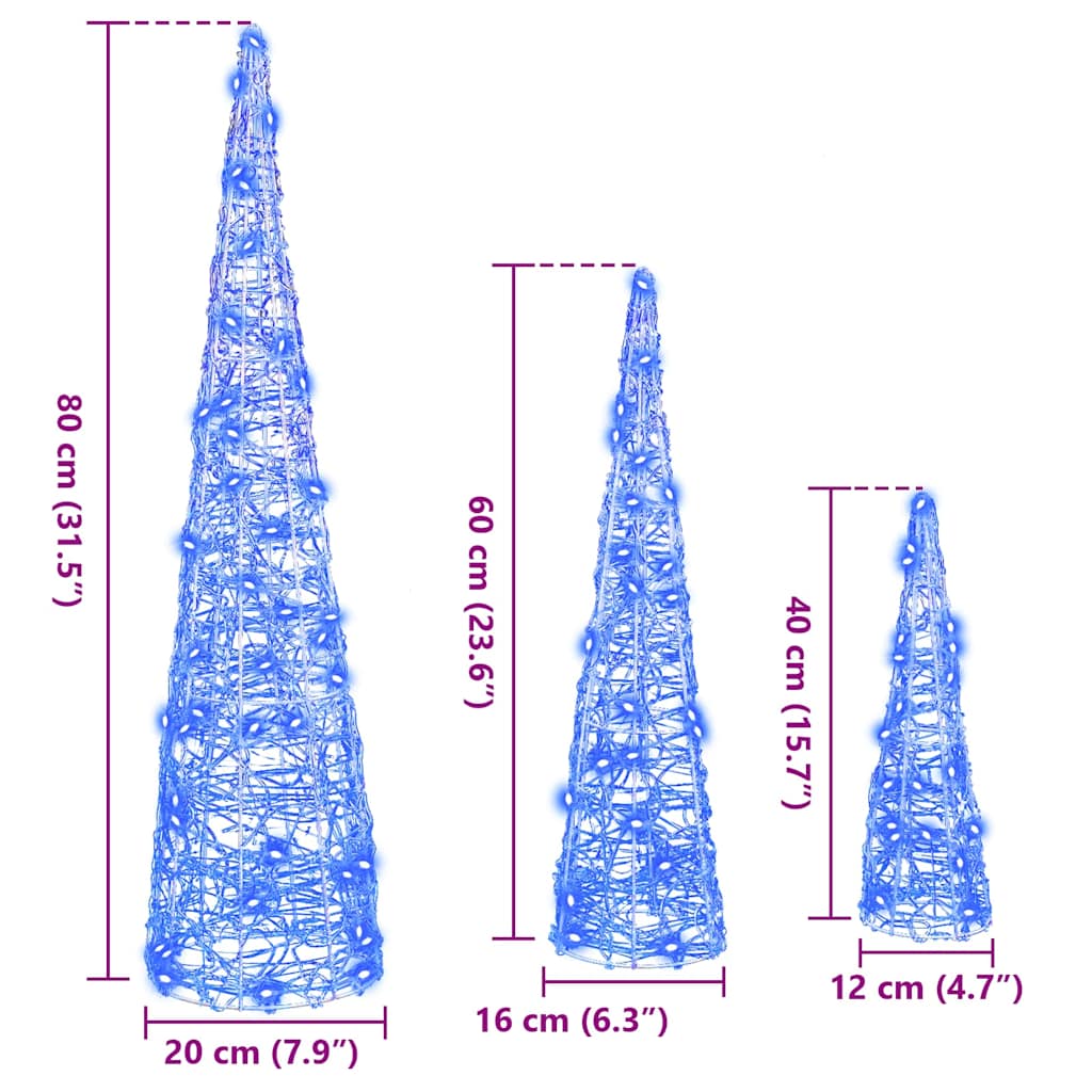 Christmas Tree 3 pcs 90 LEDs Blue 20 x 20 x 80 cm Acrylic