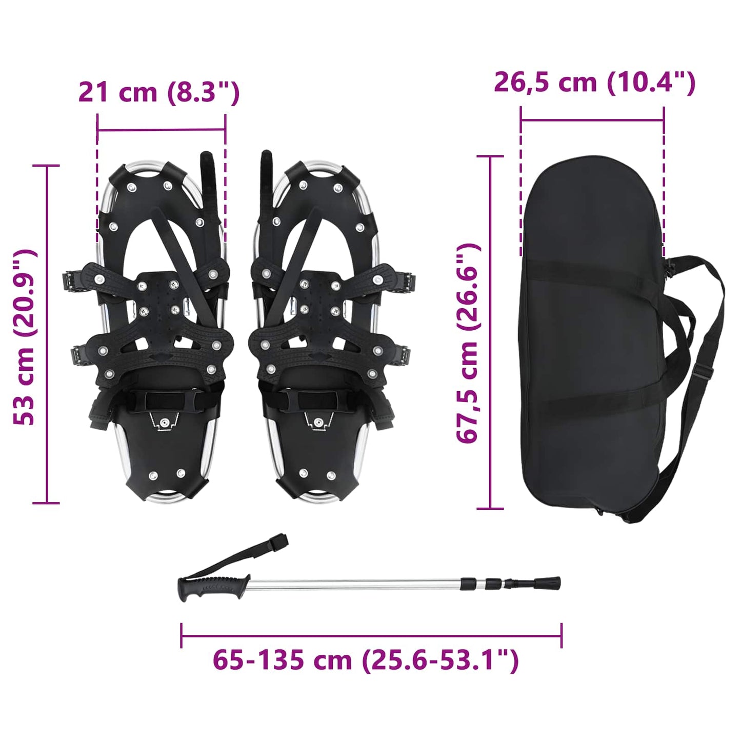 3 in 1 Snowshoes Silver and Black 53 x 21 cm Aluminum and HDPE