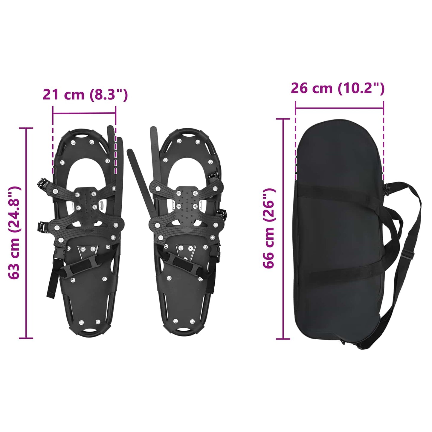 3 in 1 Snowshoes Black 63 x 21 cm Aluminum and HDPE