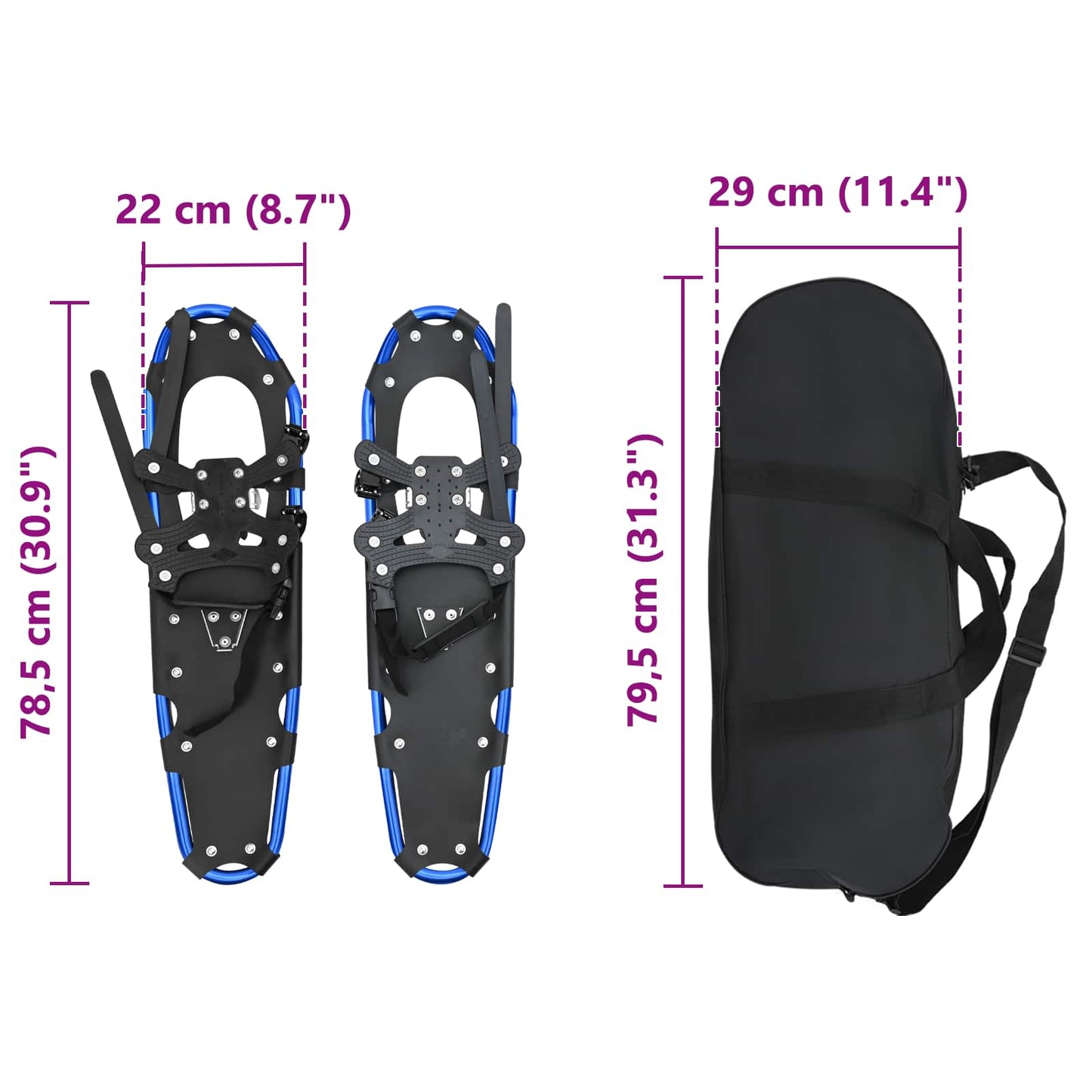 3 in 1 Snowshoes Blue and Black 78.5 x 22 cm Aluminum and HDPE