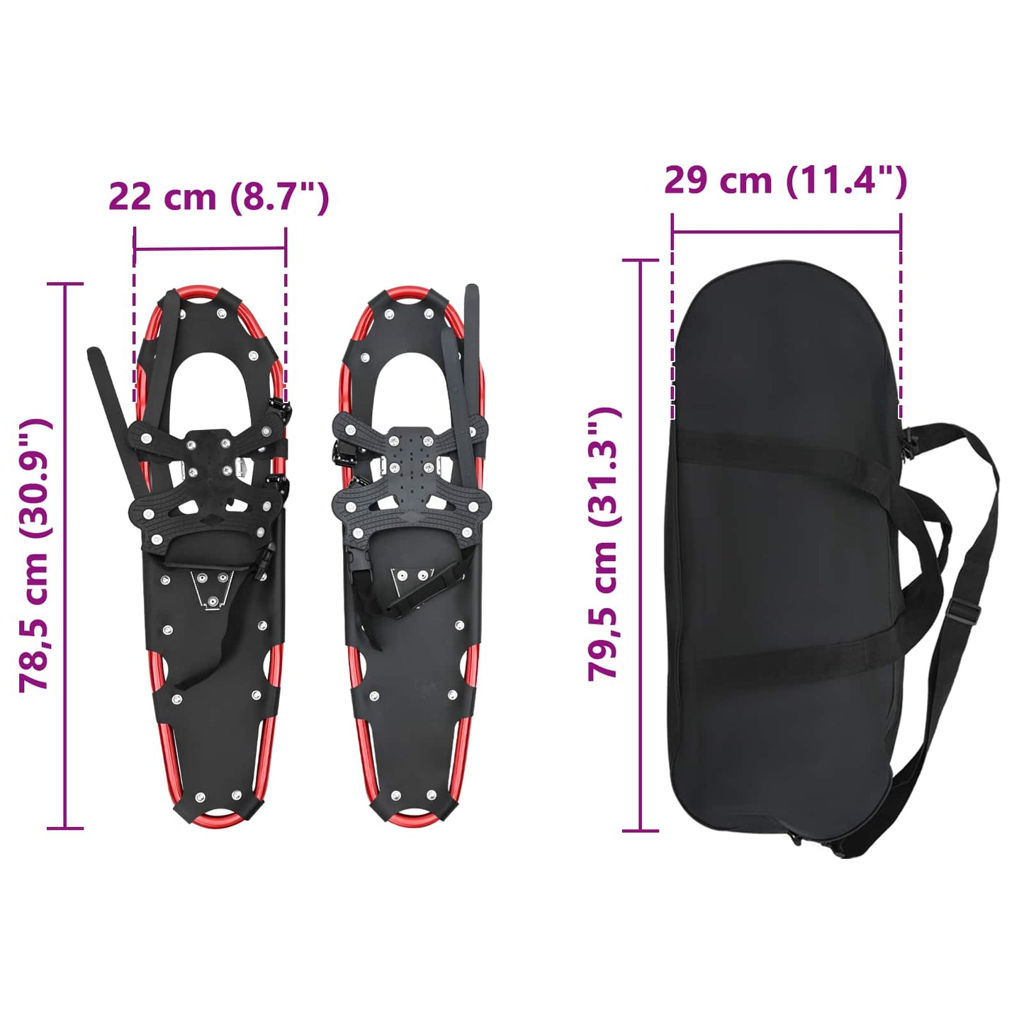 3 in 1 Snowshoes Red and Black 78.5 x 22 cm Aluminum and HDPE