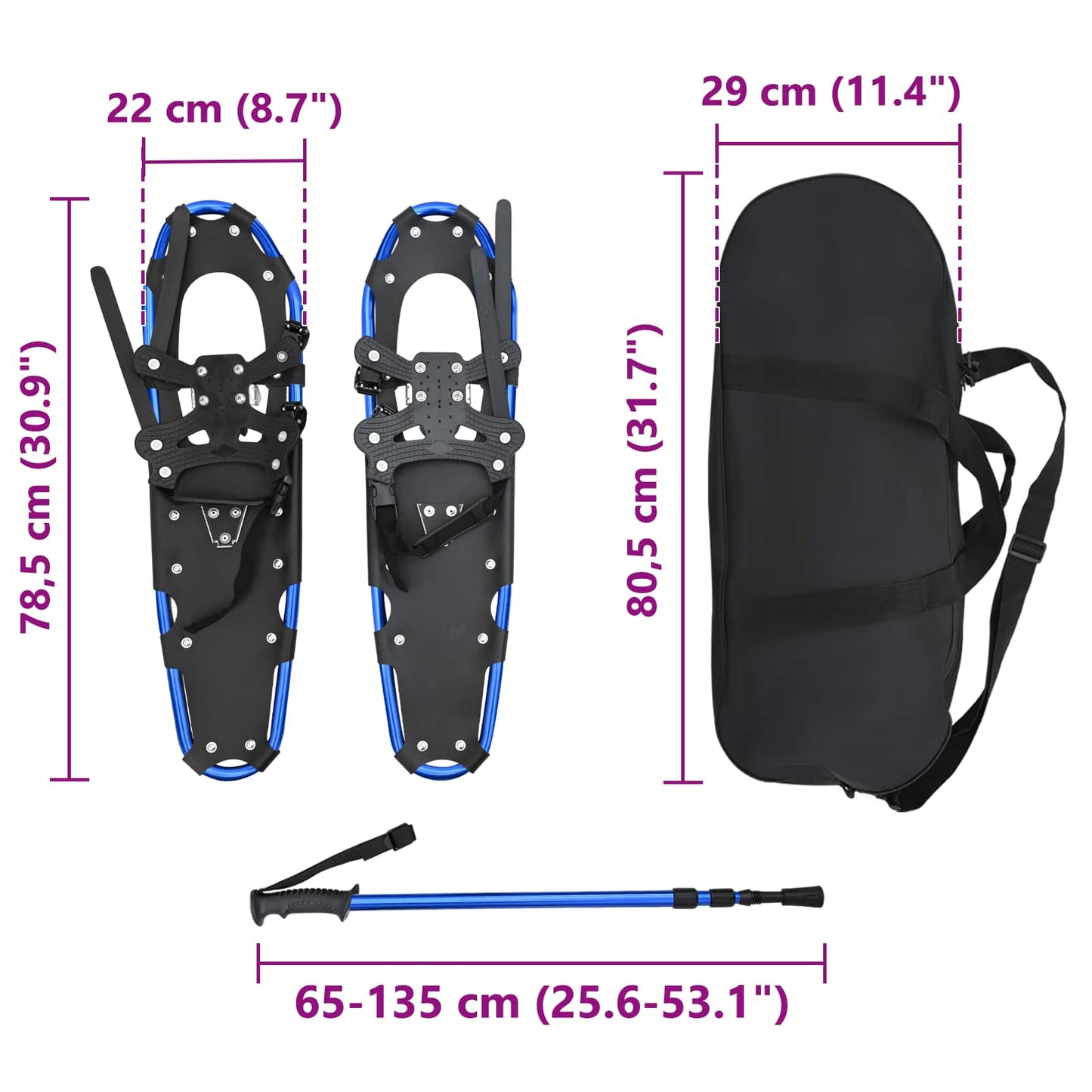 3 in 1 Snowshoes Blue and Black 78.5 x 22 cm Aluminum and HDPE