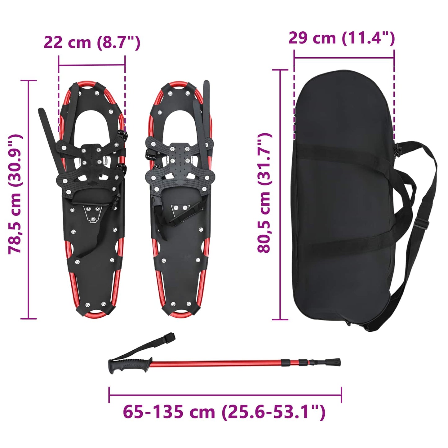 3 in 1 Snowshoes Red and Black 78.5 x 22 cm Aluminum and HDPE