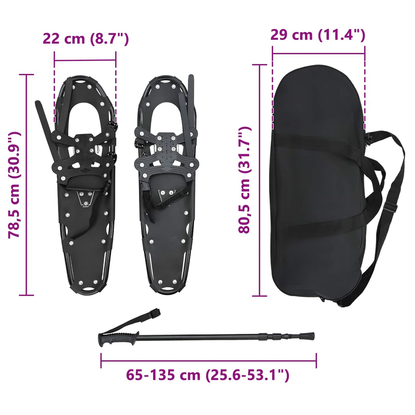 3 in 1 Snowshoes Black 78.5 x 22 cm Aluminum and HDPE