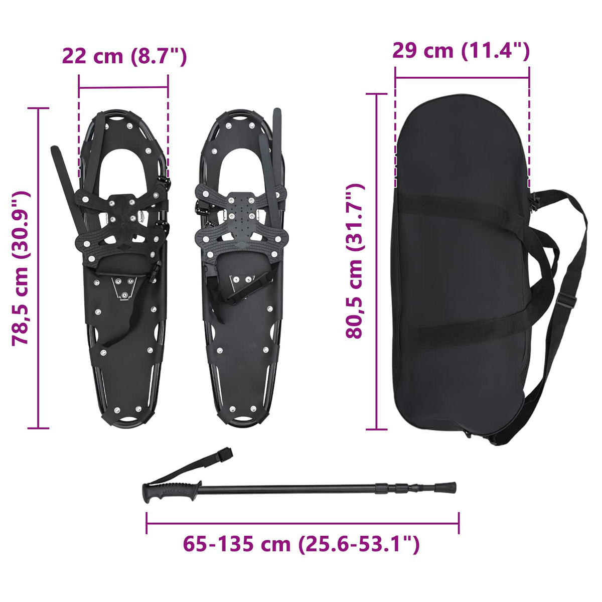 3 in 1 Snowshoes Black 78.5 x 22 cm Aluminum and HDPE