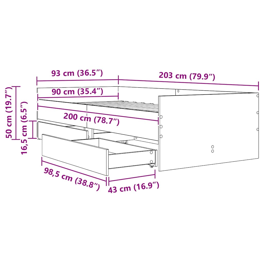 Bed Frame with Drawer Old Wood 90 x 200 cm Solid Pine Wood