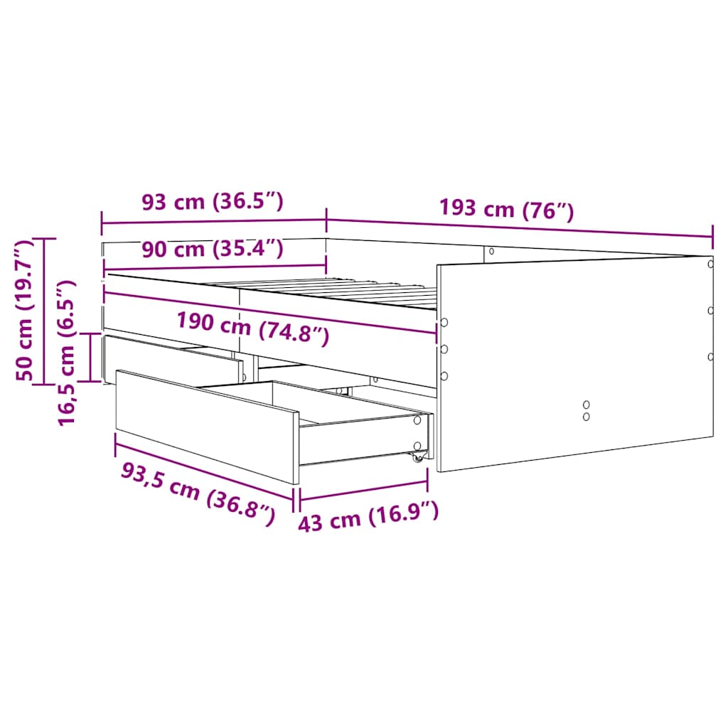 Bed Frame with Drawer Old Wood 90 x 190 cm Solid Pine Wood