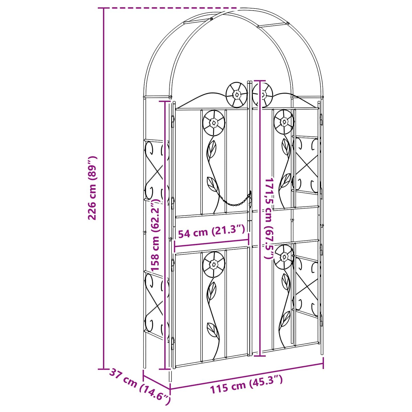 Garden Arch Black 115 x 37 x 226 cm Steel