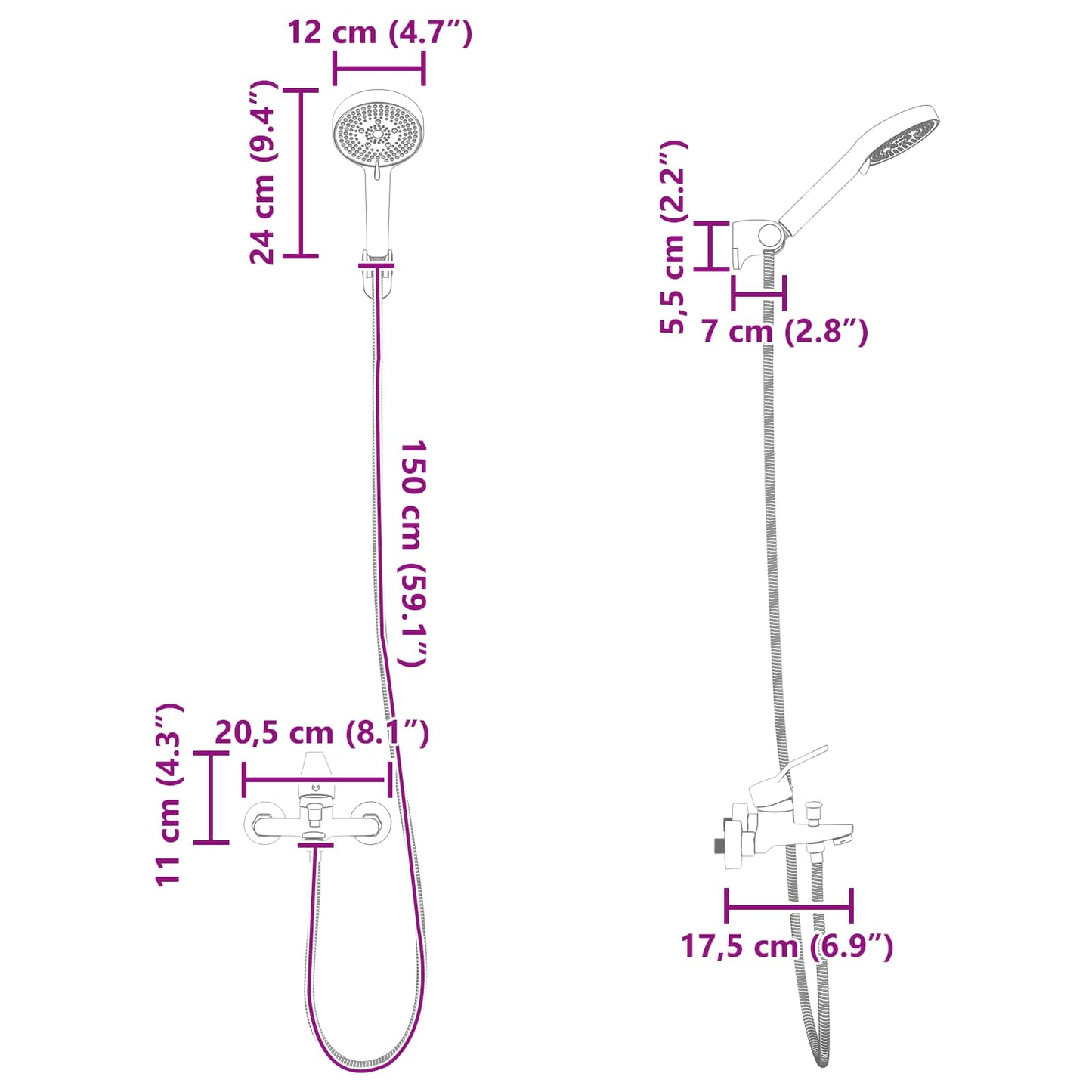 Shower Head Set Black G 1/2 inches