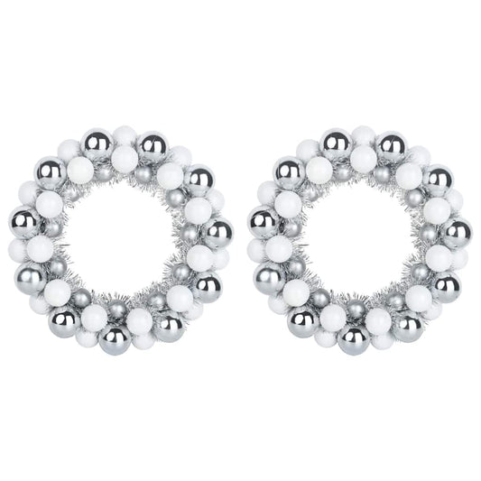 Christmas Ball Wreathes 2 pcs White and Silver 33 x 33 x 7 cm