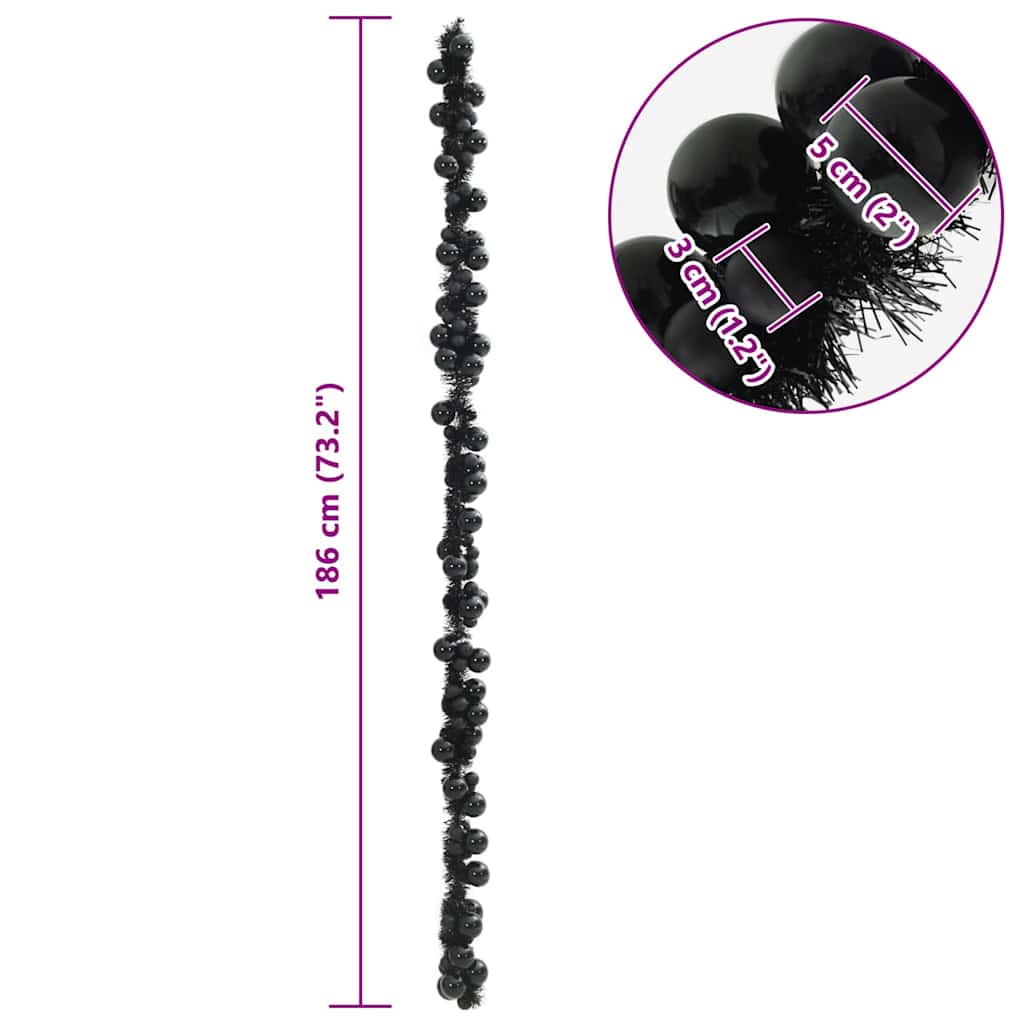 Christmas Ball Garland LEDs Black 186 cm Polystyrene