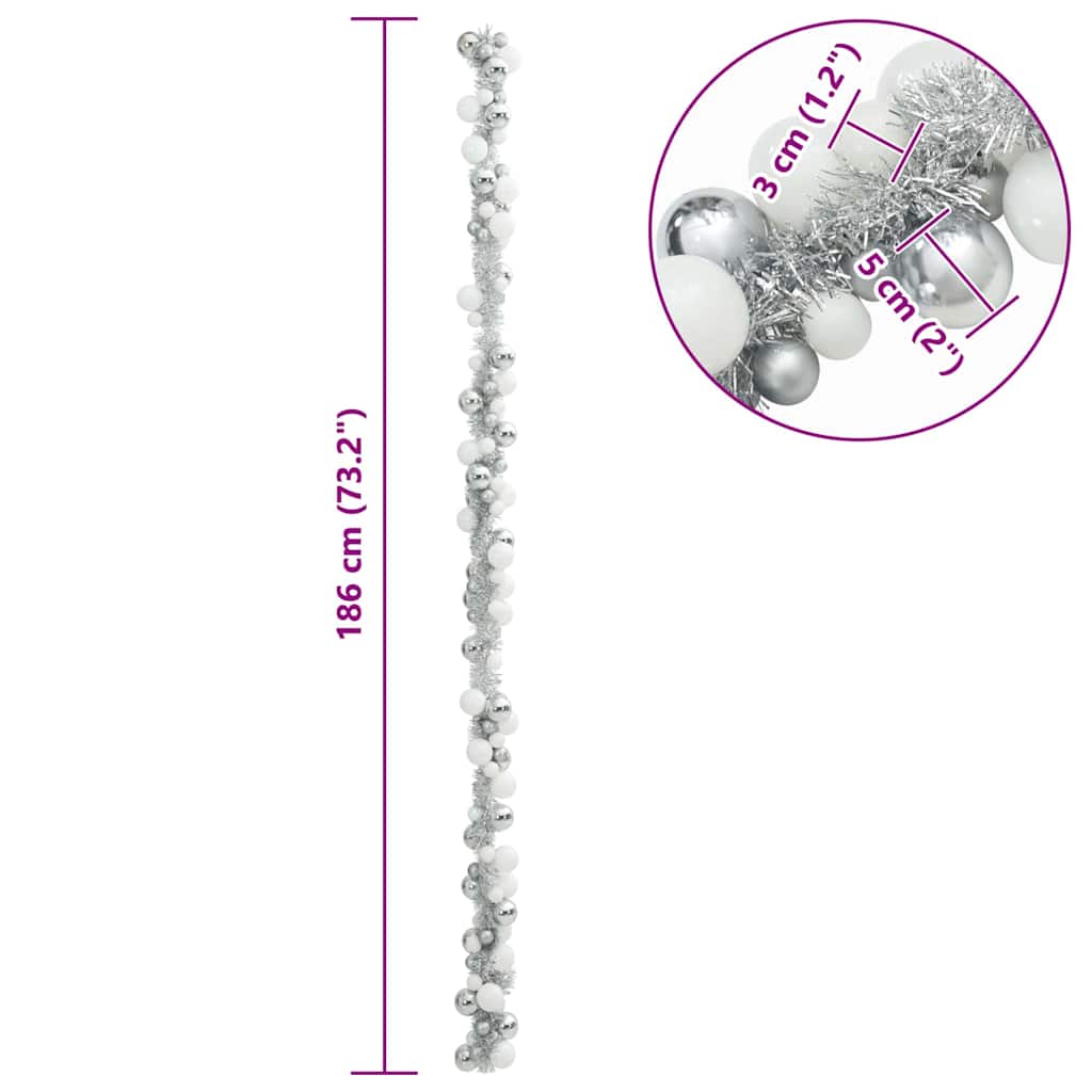 Christmas Ball Garland LEDs White and Silver 186 cm Polystyrene