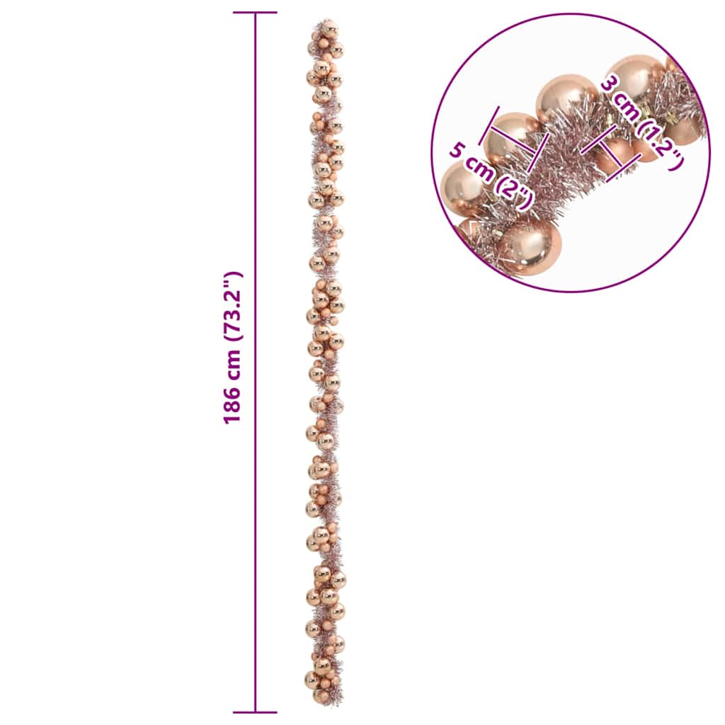 Christmas Ball Garland LEDs Rose Gold 186 cm Polystyrene