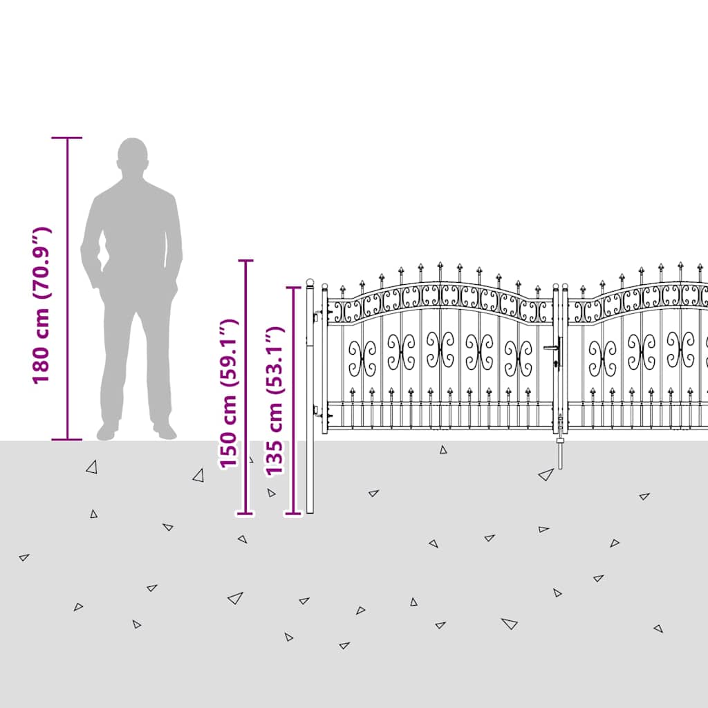 Fence Gate with Spear Top KAMPEN 305 x 100 cm Steel Lockable