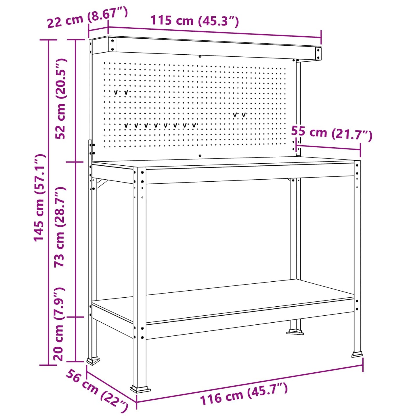 Workbench Black 114 x 54 x 145 cm Engineered Wood and Metal