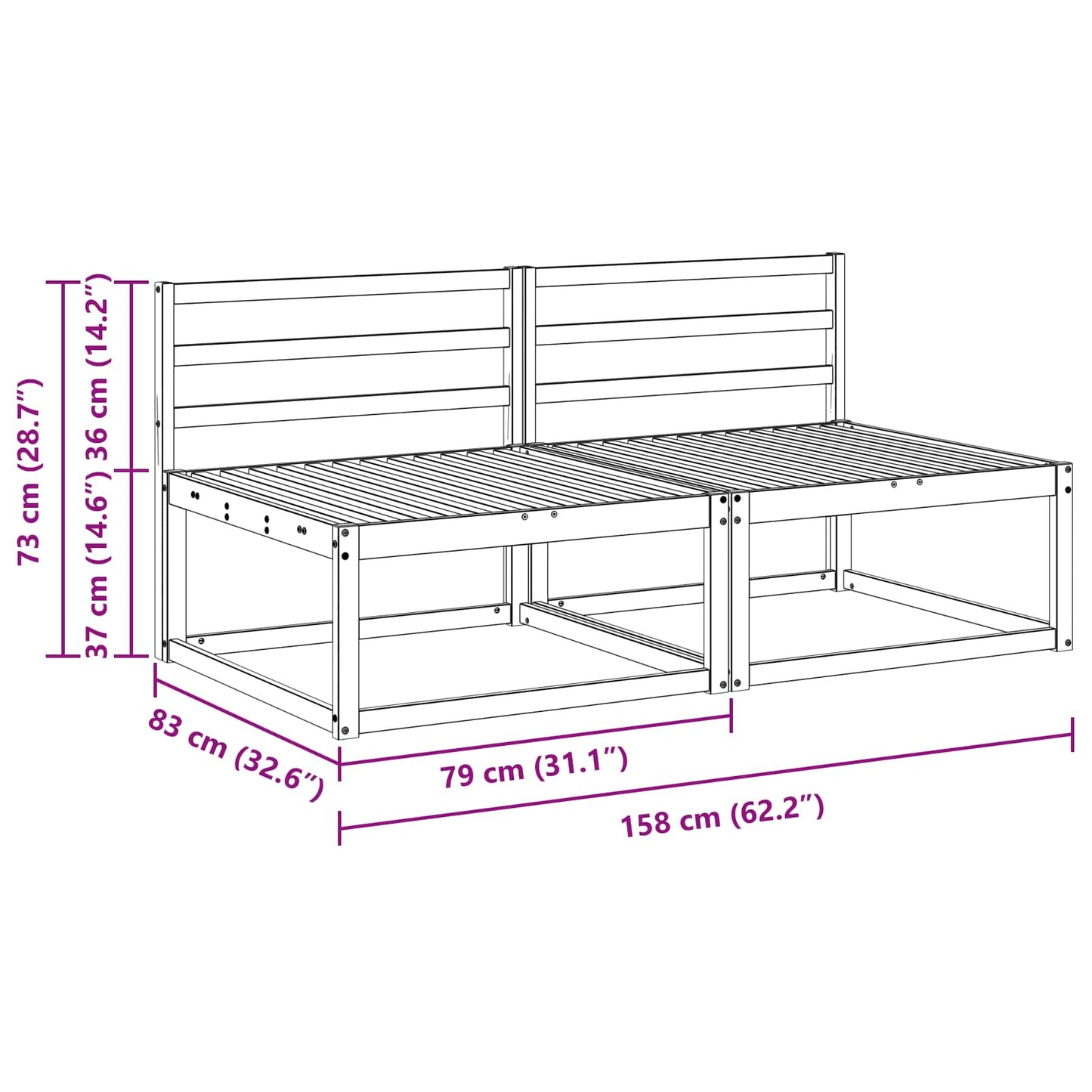2 Piece Outdoor Middle Sofa Natural 158 x 83 x 73 cm