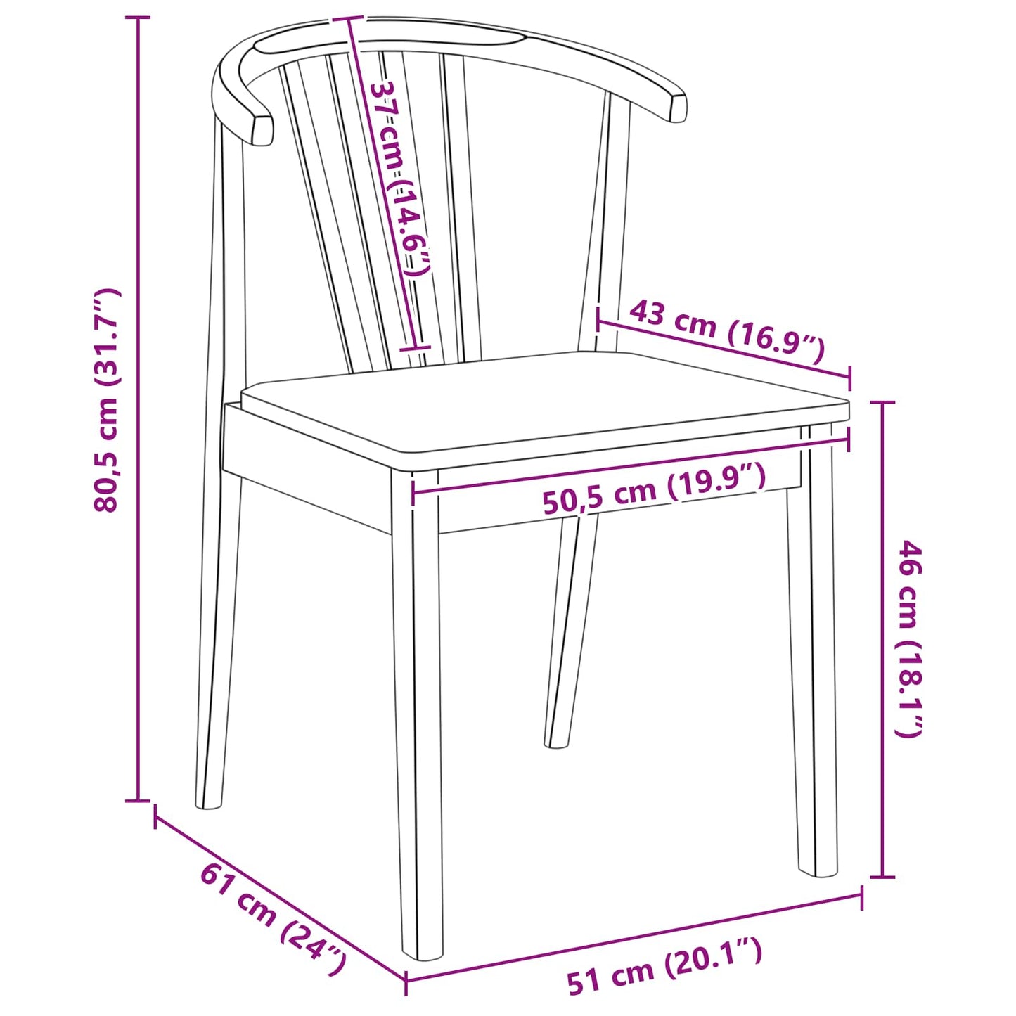 Dining Chair 2 pcs Solid Rubberwood Natural 51 x 61 x 80.5 cm