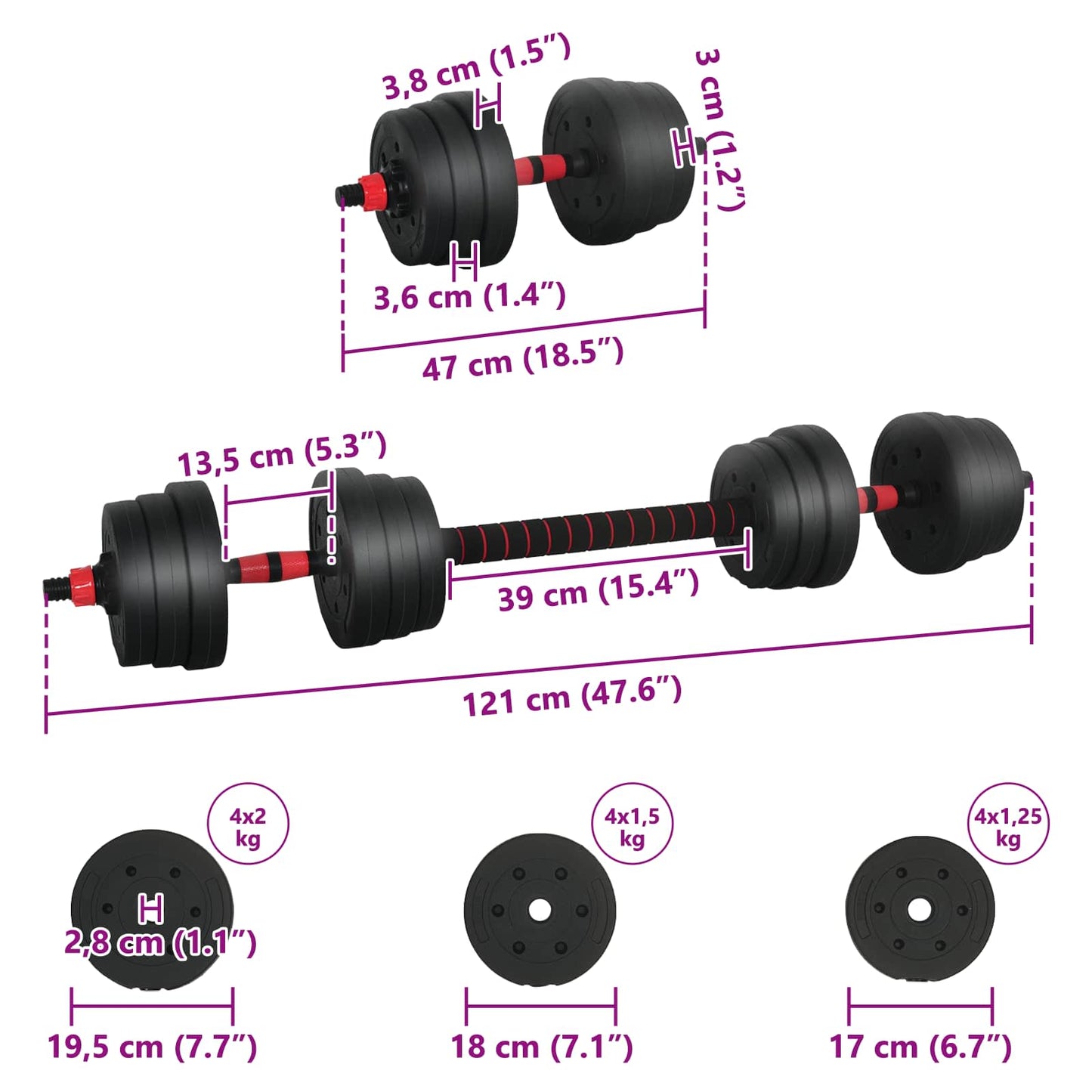 2-in-1 Dumbbell Barbell Set 20 kg Black and Red