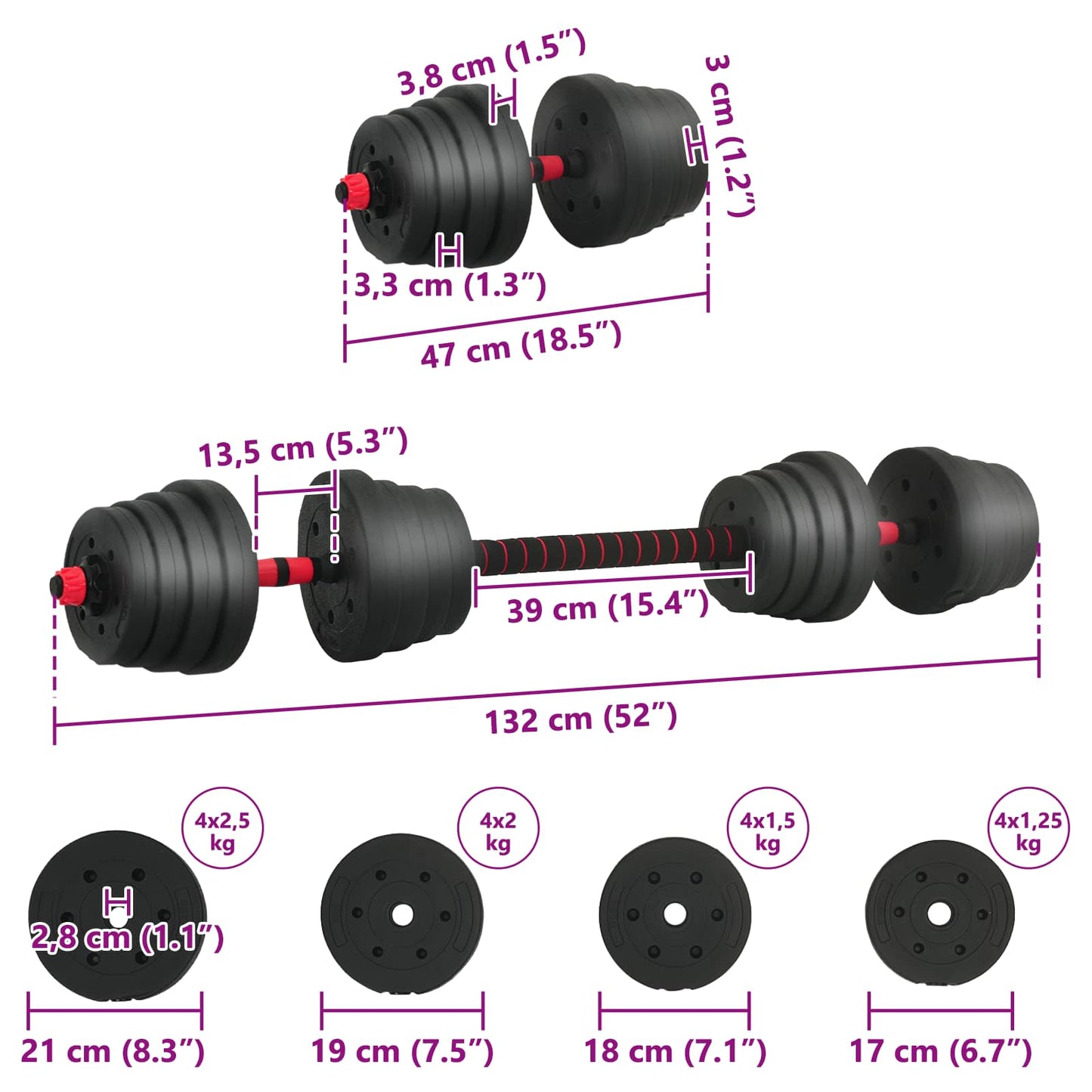 2-in-1 Dumbbell Barbell Set 30 kg Black and Red