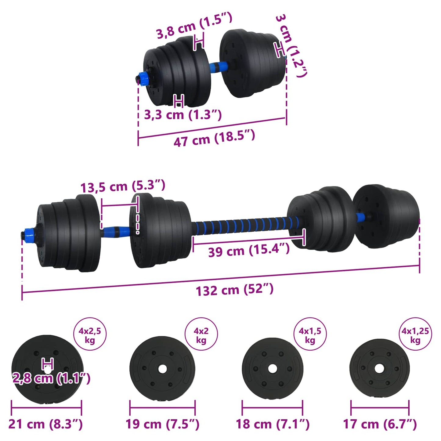 2-in-1 Dumbbell Barbell Set 30 kg Black and Blue