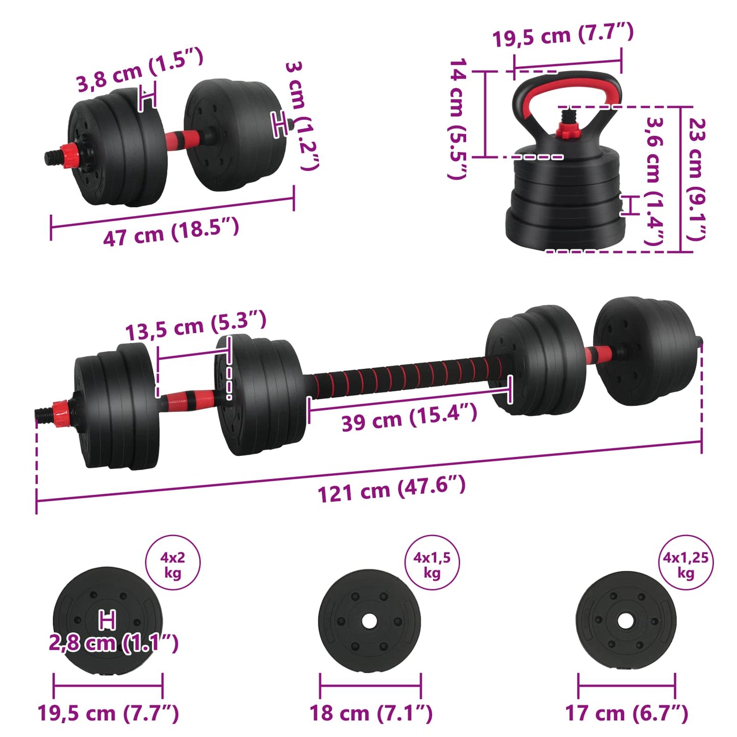 4-in-1 Dumbbell Barbell Kettlebell Set 20 kg Black and Red