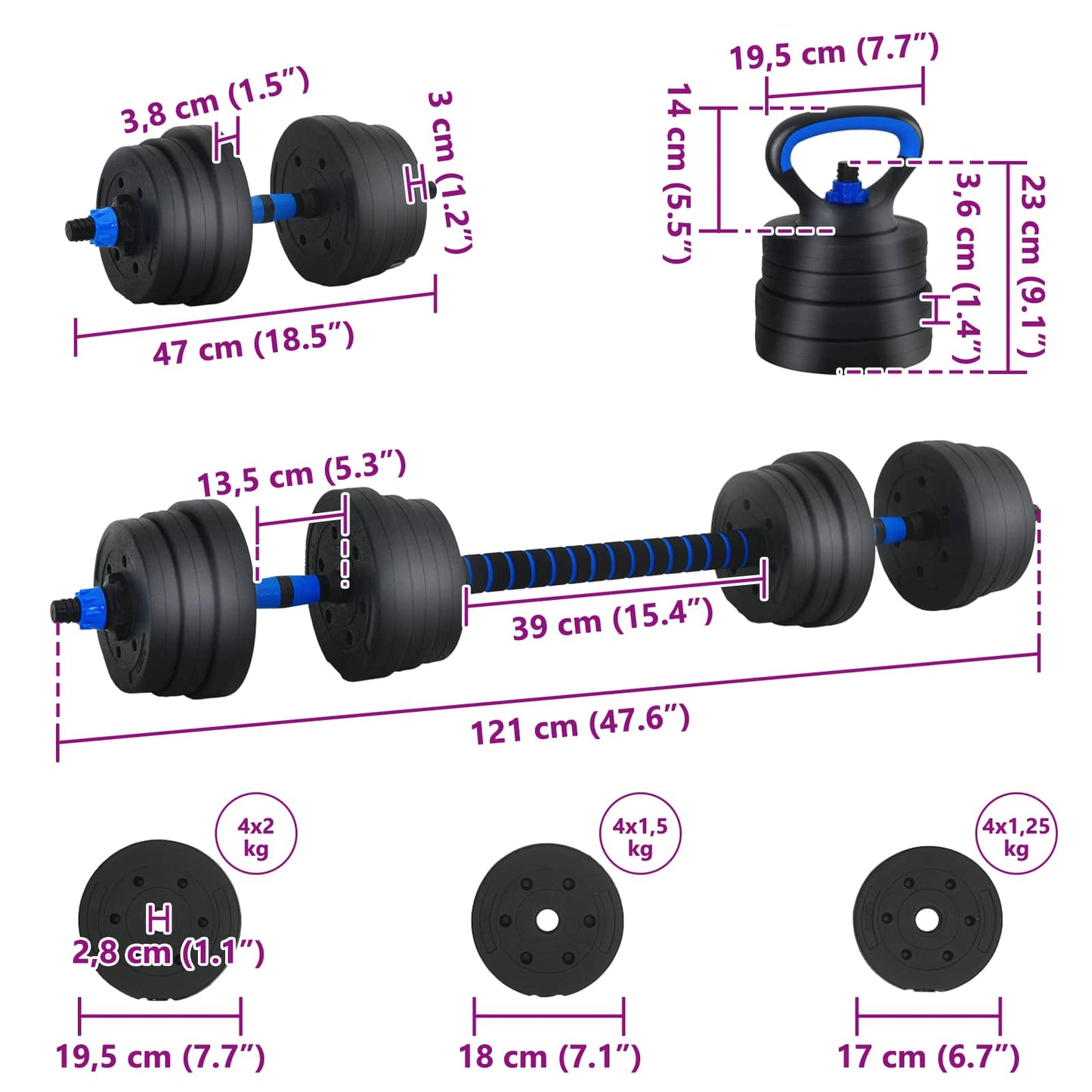 4-in-1 Dumbbell Barbell Kettlebell Set 20 kg Black and Blue