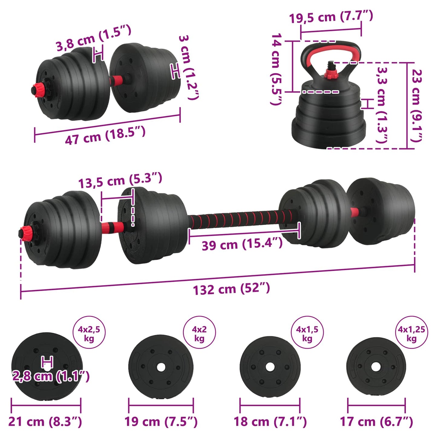 4-in-1 Dumbbell Barbell Kettlebell Set 30 kg Black and Red
