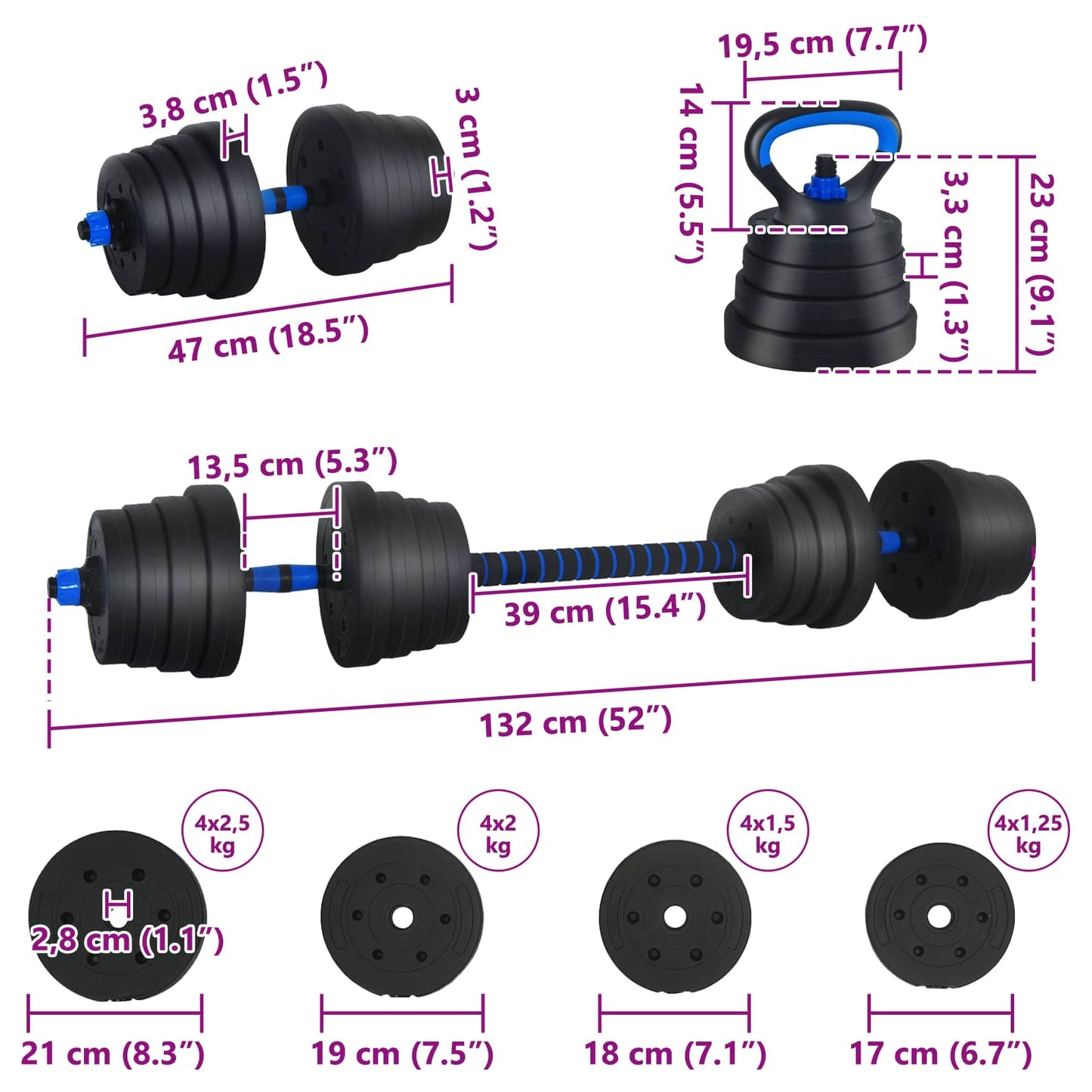 4-in-1 Dumbbell Barbell Kettlebell Set 30 kg Black and Blue