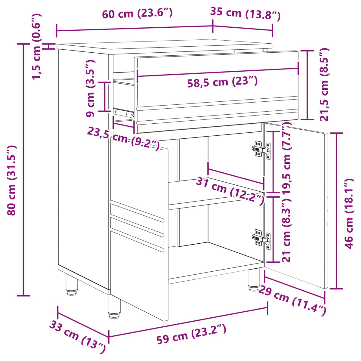 Bathroom Vanity Unit Artisan Oak 60 x 35 x 80 cm