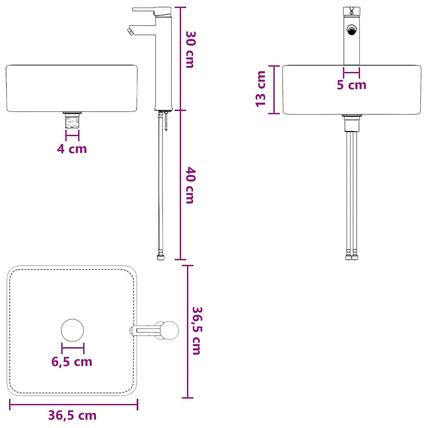 Bathroom Sink with Faucet and Drain Chrome 36.5 x 36.5 x 13 cm