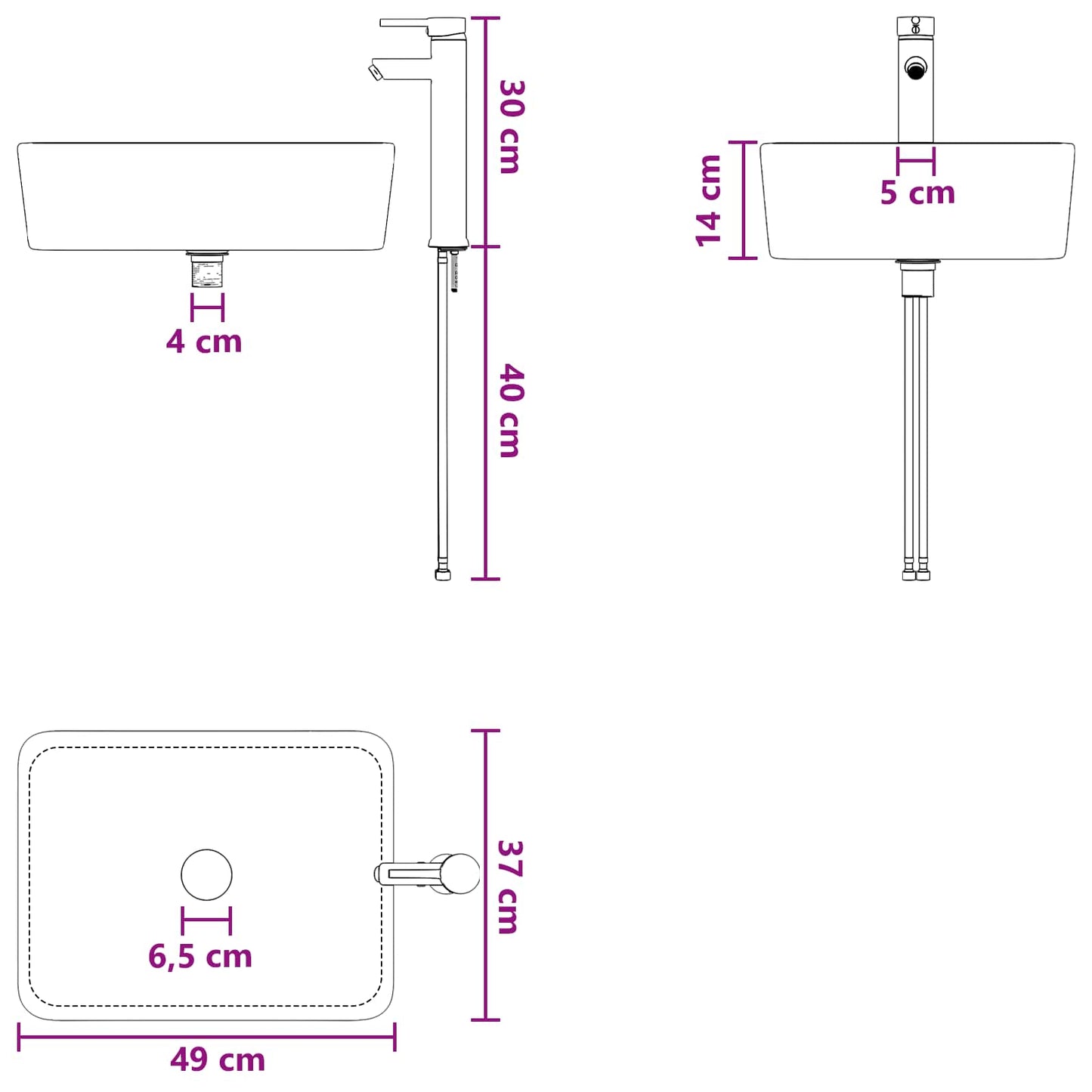 Bathroom Sink with Faucet and Drain Matte Black 49 x 37 x 14 cm