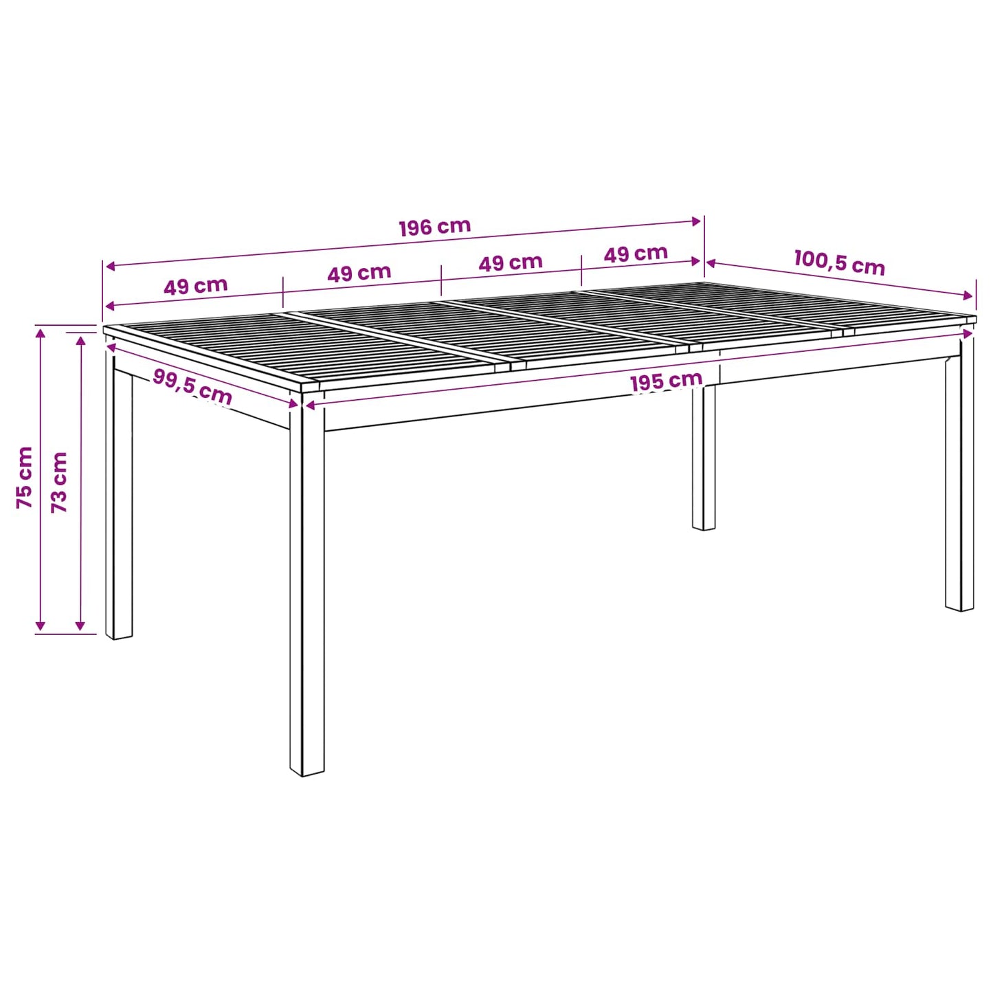 Garden Dinner Table Natural 196 x 100.5 x 75 cm