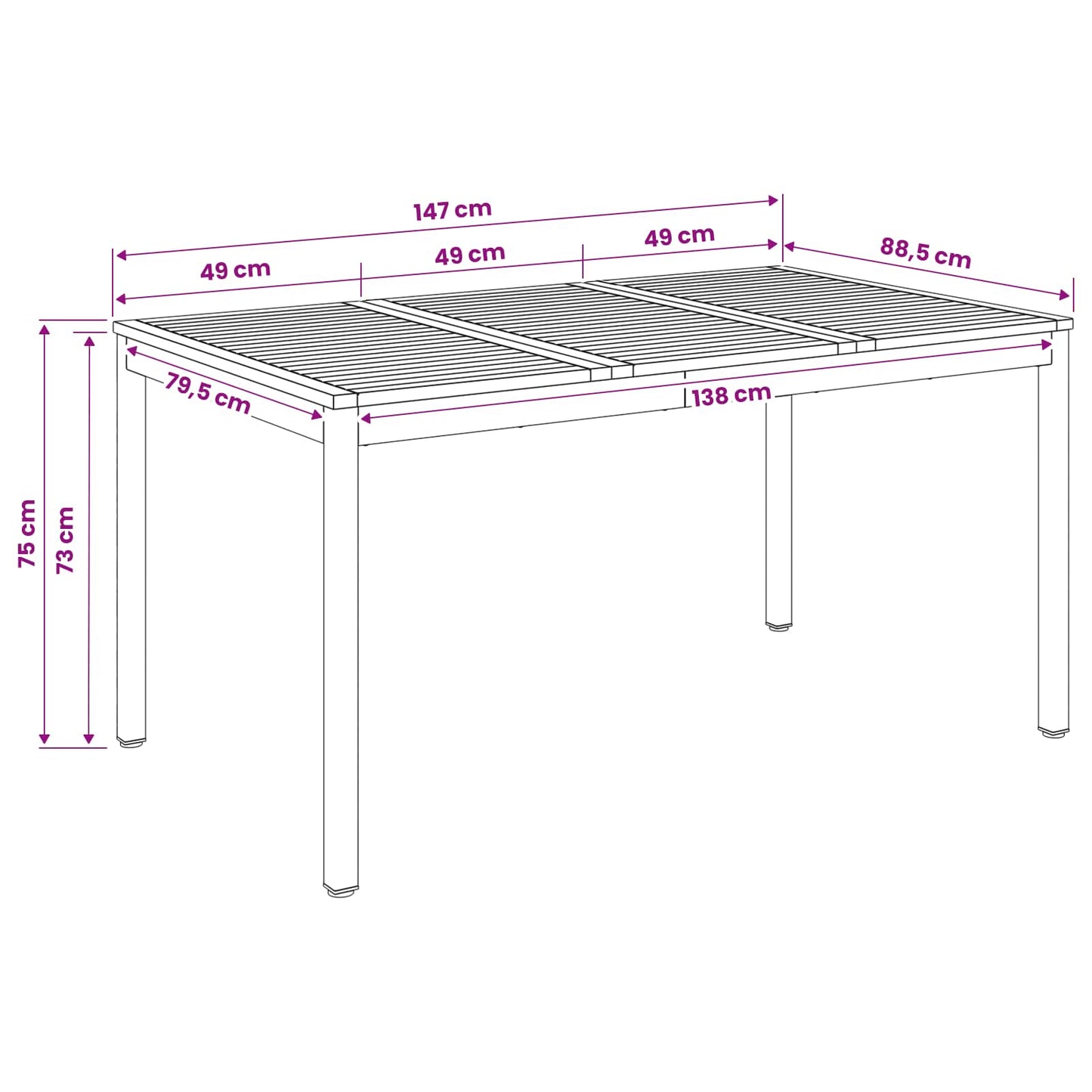 Garden Dinner Table White and Black 147 x 88.5 x 75 cm