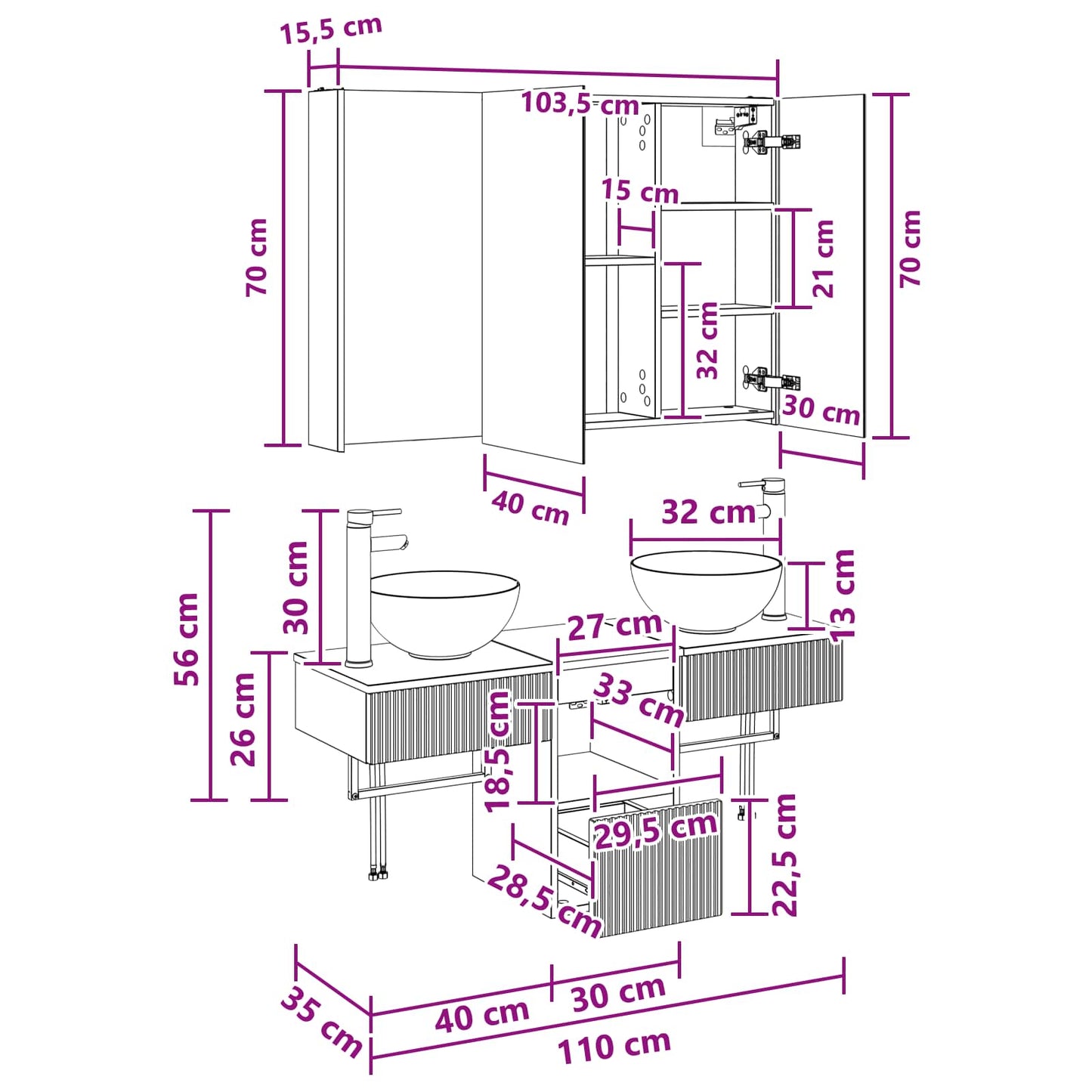 Bathroom Cabinet Set 4 pcs Smoked Oak 103.5 x 15.5 x 70 cm