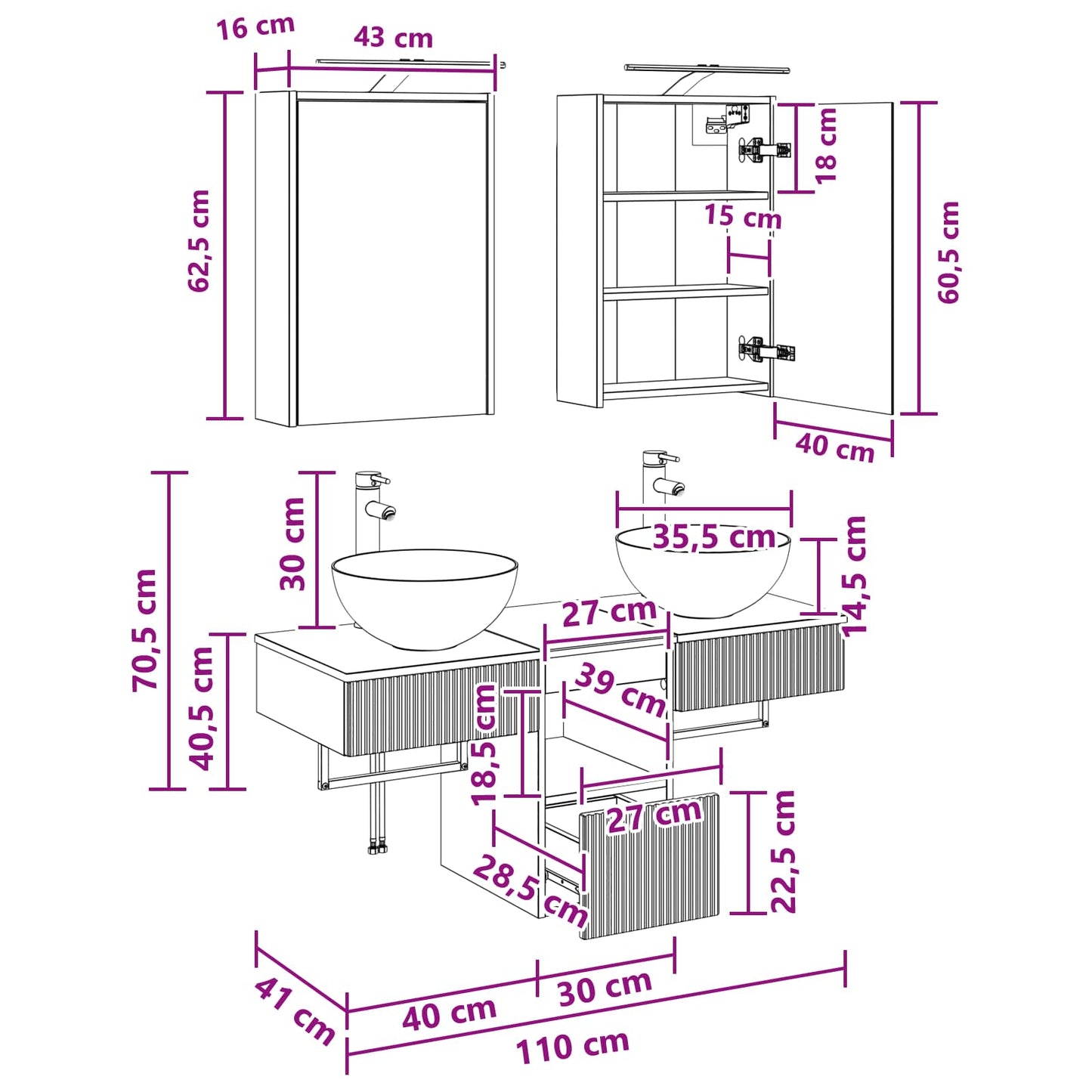Bathroom Cabinet Set 5 pcs White 43 x 16 x 62.5 cm