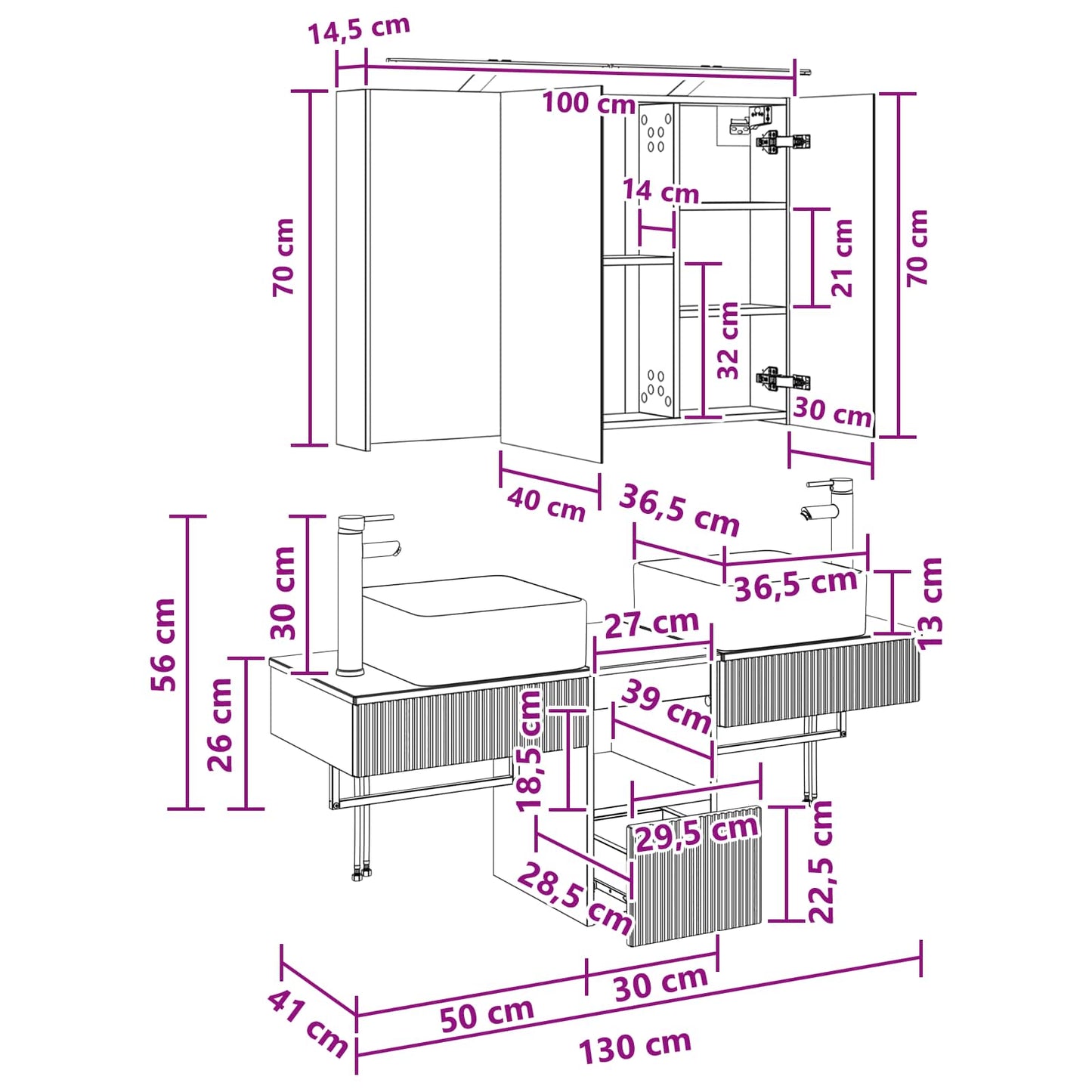 Bathroom Cabinet Set 4 pcs White 100 x 14.5 x 70 cm