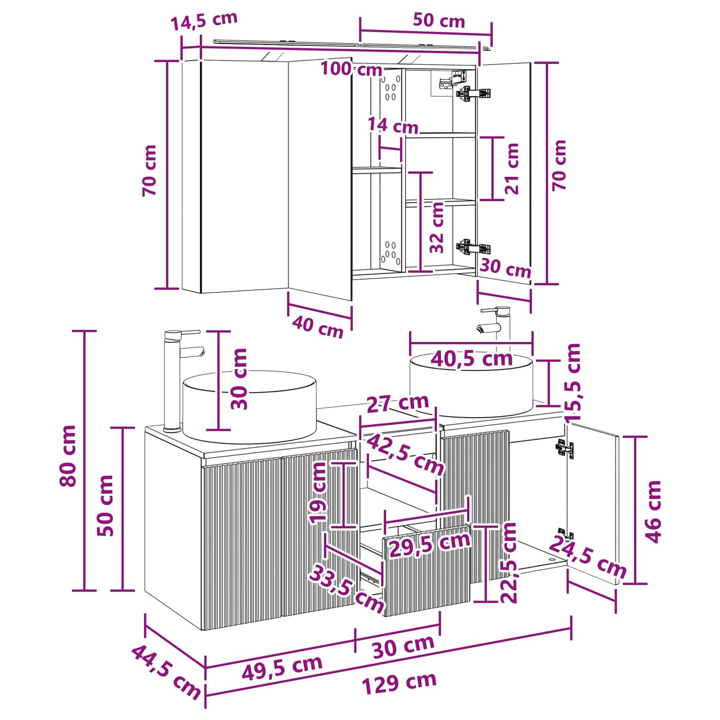 Bathroom Cabinet Set 4 pcs White 100 x 14.5 x 70 cm