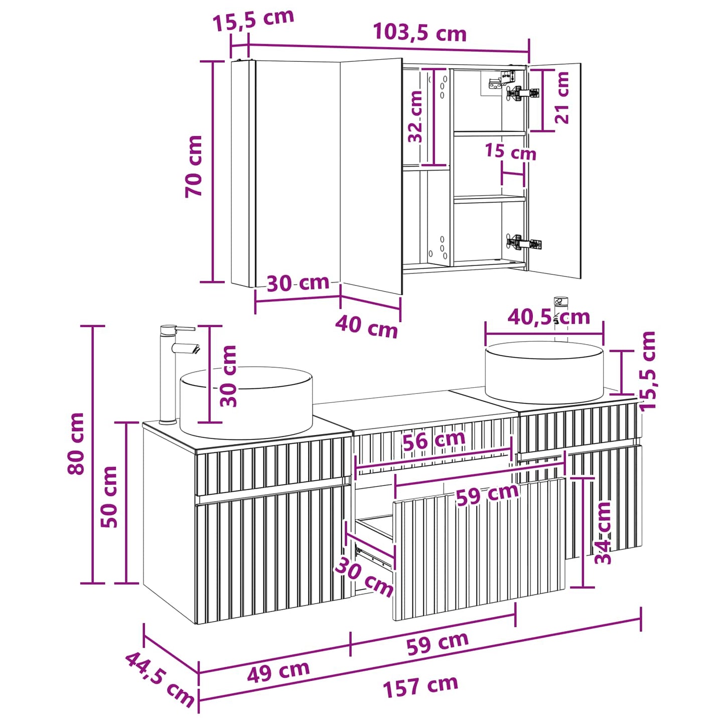 Bathroom Cabinet Set 4 pcs Grey Sonoma 103.5 x 15.5 x 70 cm