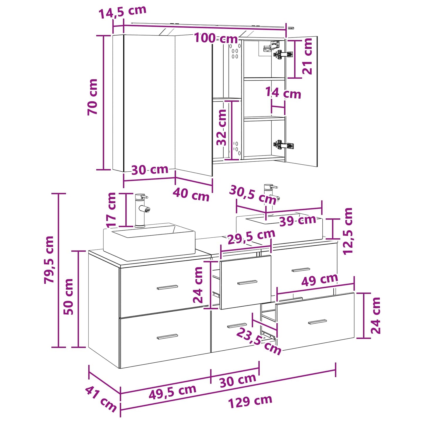 Bathroom Furniture Set 4 pcs White Engineered Wood and Glass