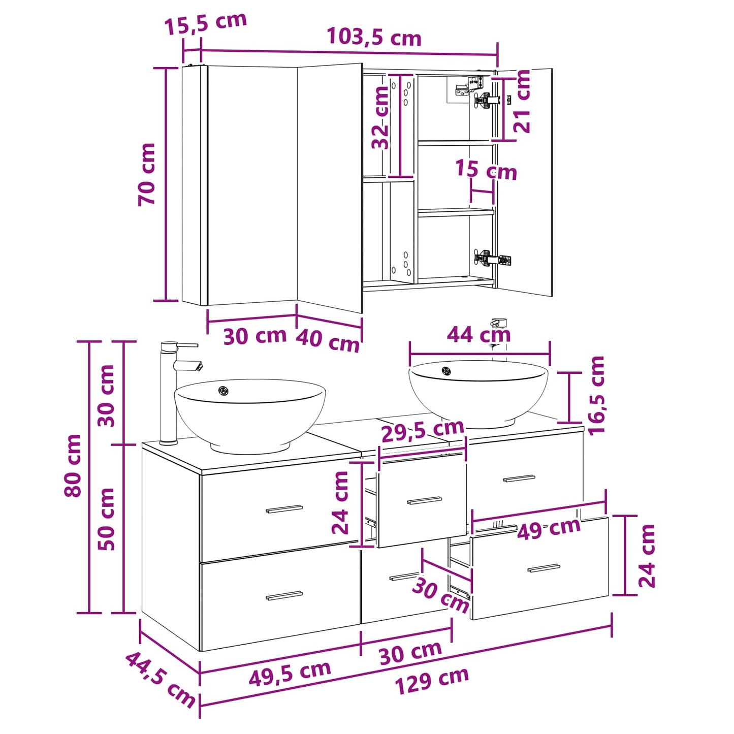 Bathroom Furniture Set 4 pcs White Engineered Wood and Glass