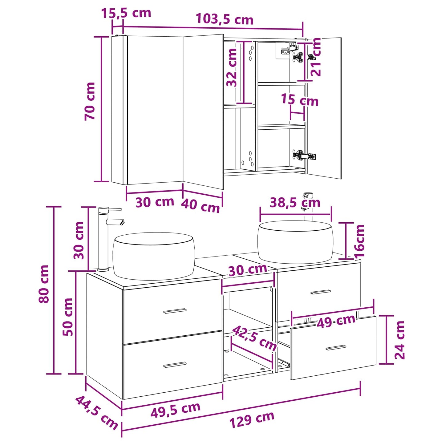 Bathroom Furniture Set 4 pcs Old Wood Engineered Wood and Glass