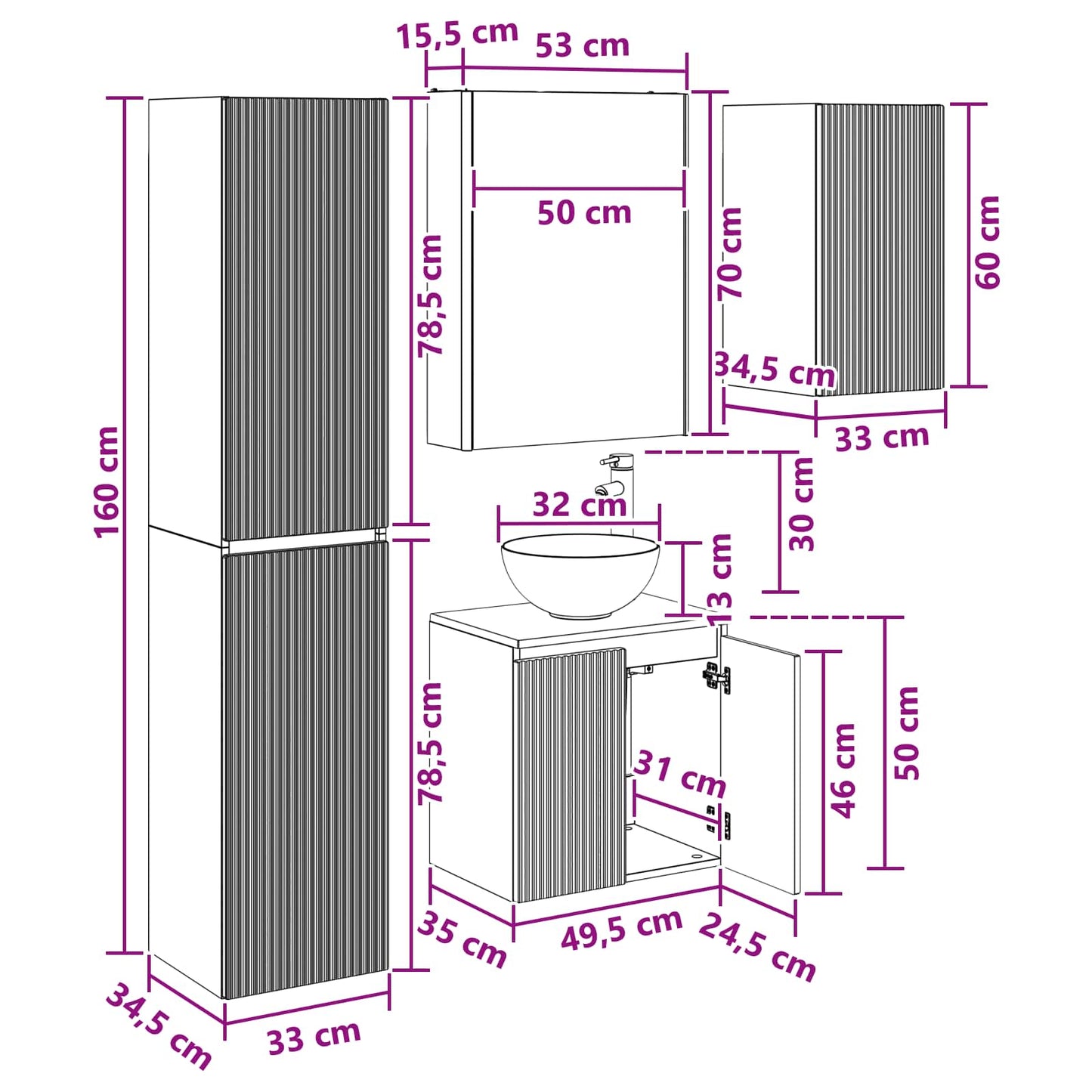 Bathroom Cabinet Set 5 pcs Concrete Grey 53 x 15.5 x 70 cm