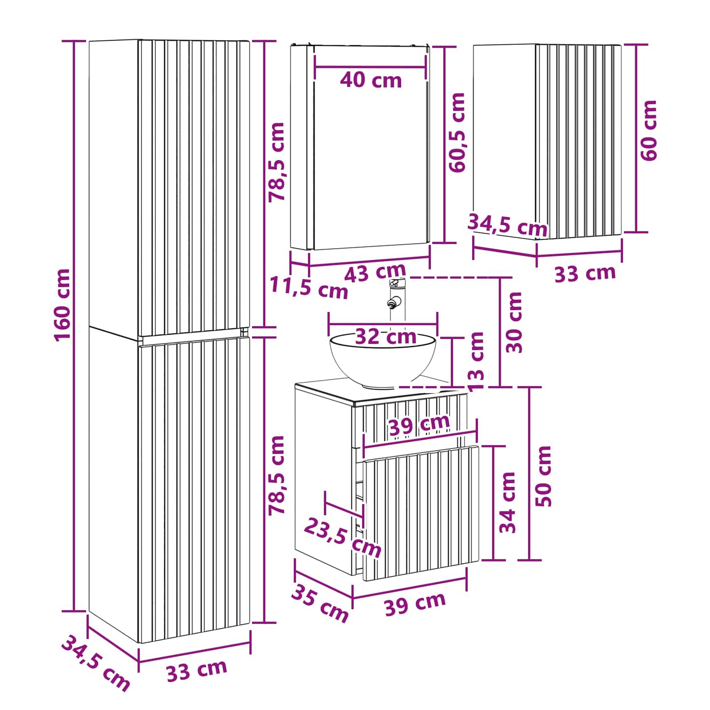 Bathroom Cabinet Set 5 pcs Grey Sonoma 43 x 11.5 x 60.5 cm