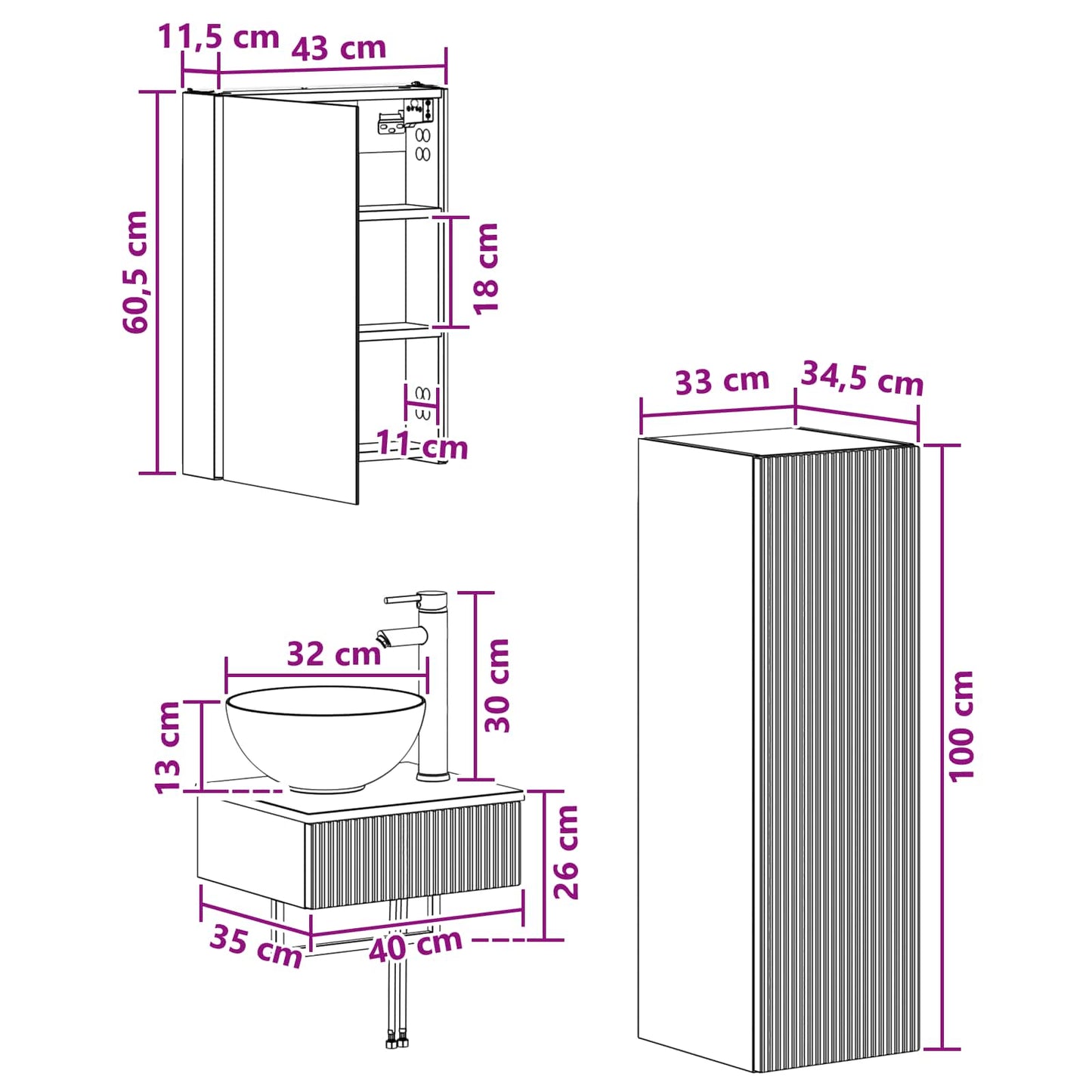 Bathroom Cabinet Set 4 pcs Grey Sonoma 43 x 11.5 x 60.5 cm