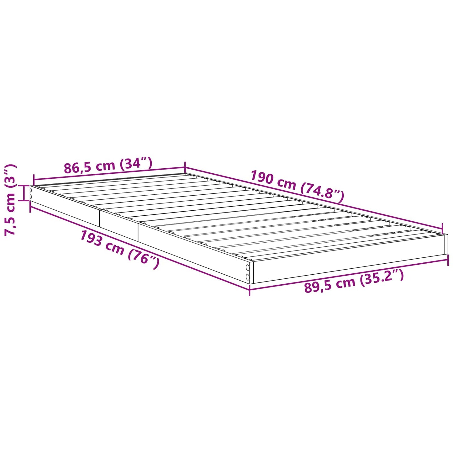 Floor Bed Frame Smoked Oak 90 x 190 cm Engineered Wood