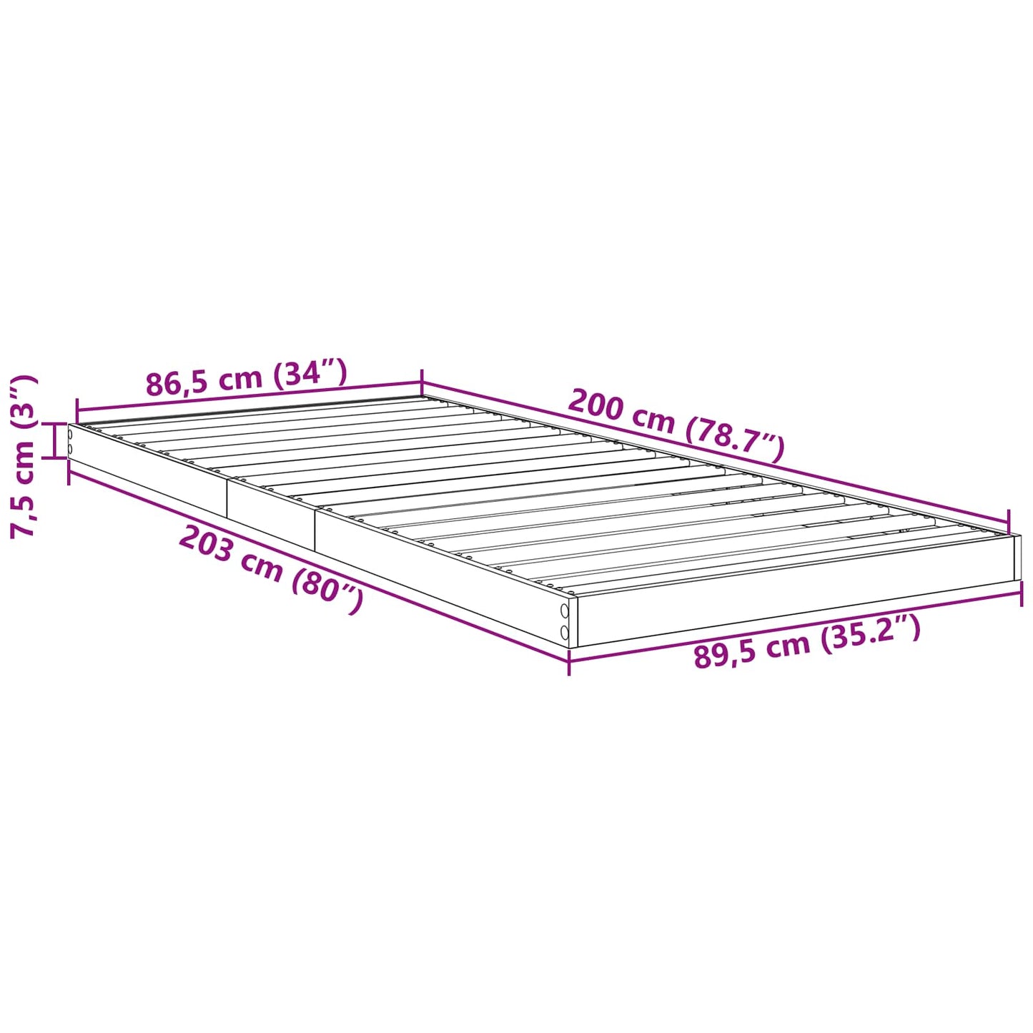 Floor Bed Frame Concrete Grey 90 x 200 cm Engineered Wood