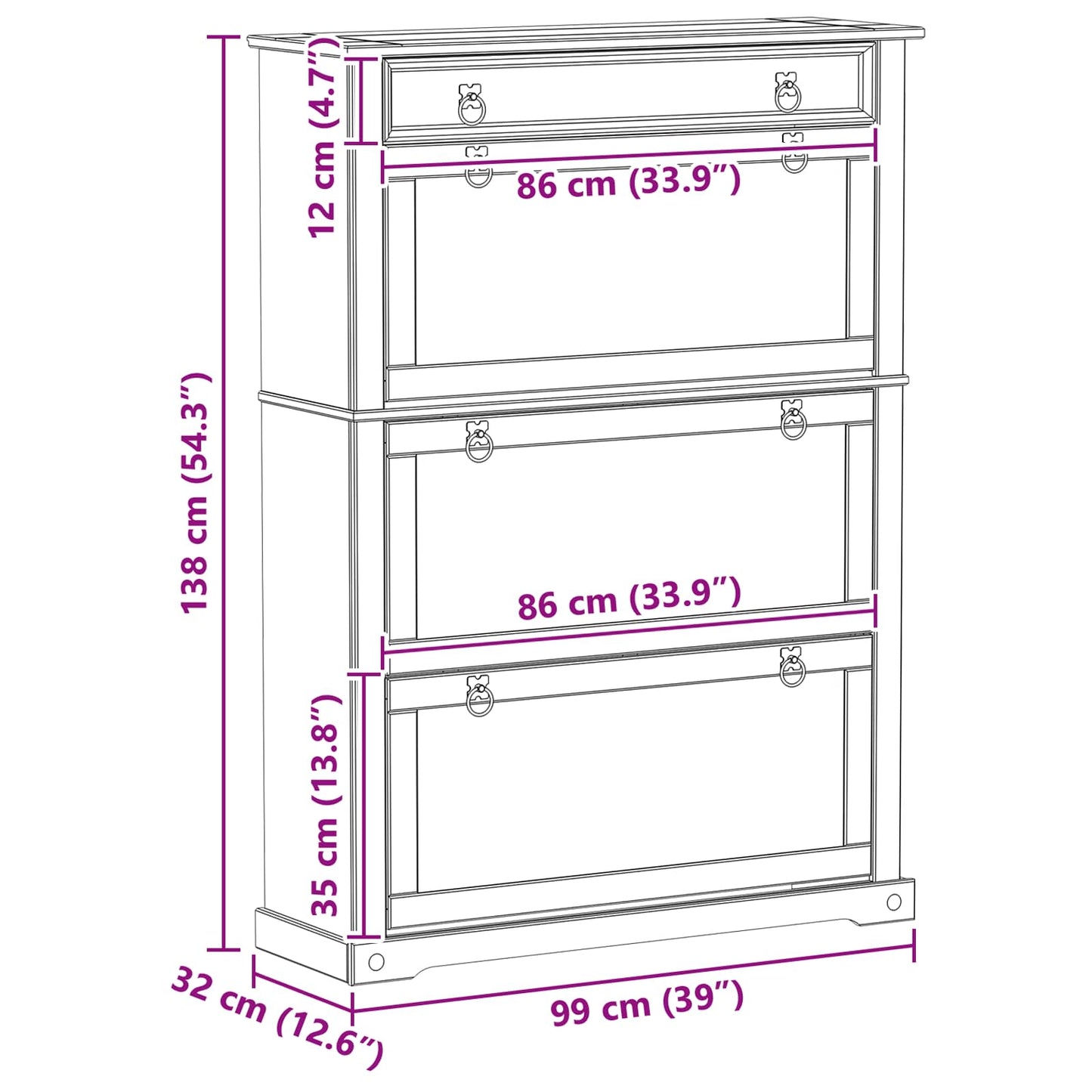 Shoe Cabinet Corona White 99 x 32 x 138 cm Solid Pine Wood