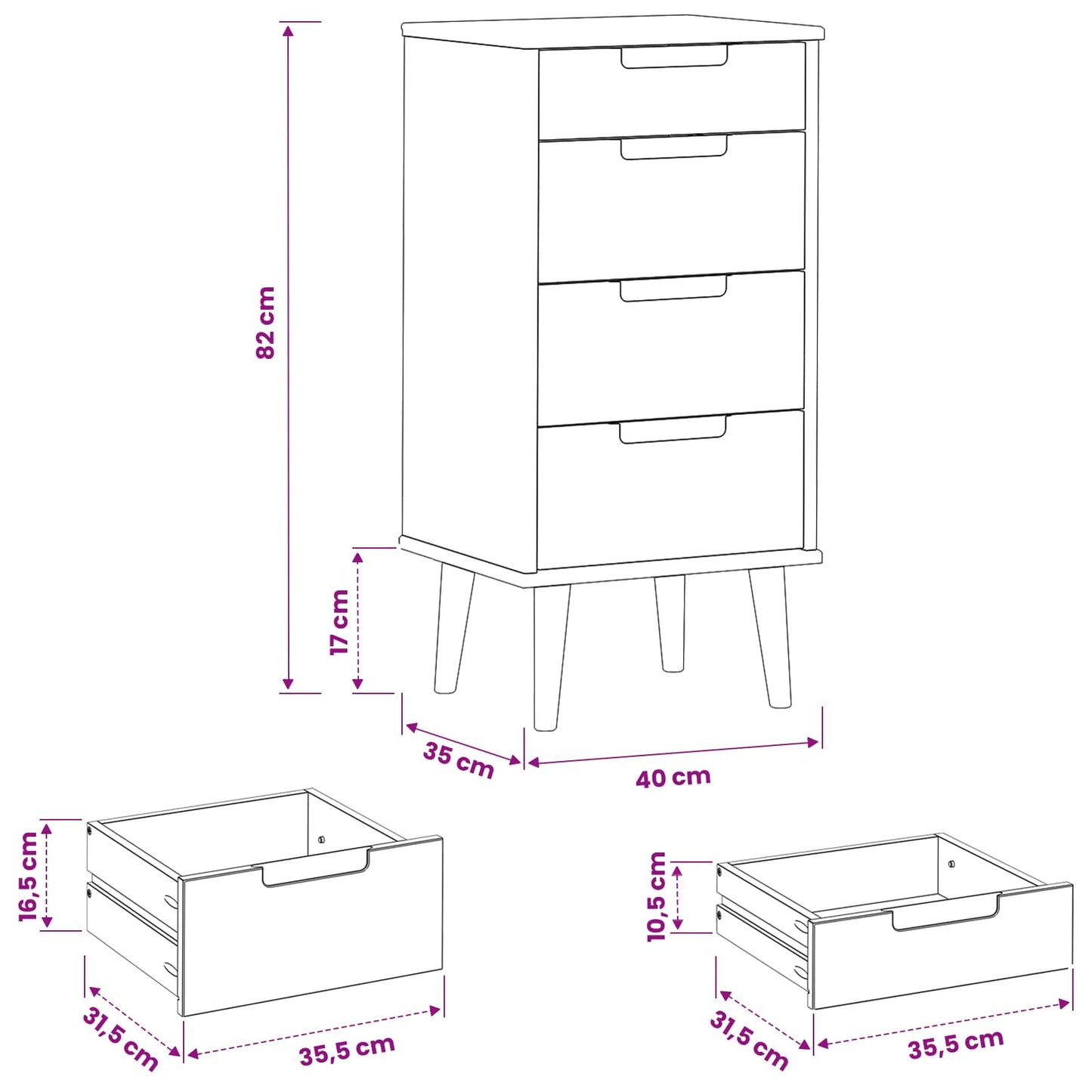 Chest of Drawers MOLDE Black 40 x 35 x 82 cm Solid Pine Wood